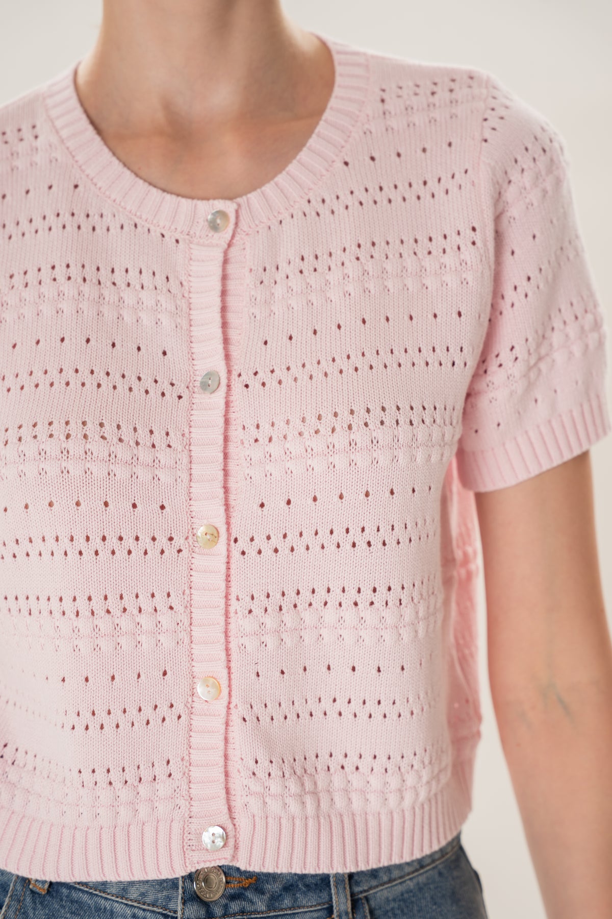 Crochet Knit Short Sleeve Cardigan Top in Pale Pink
