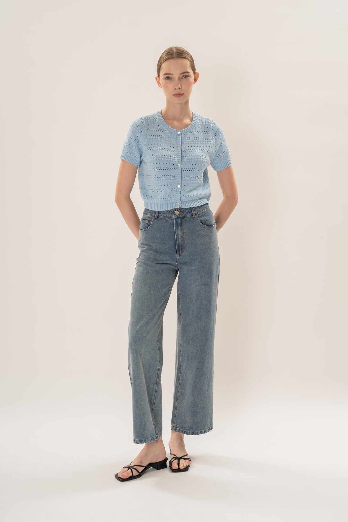 Crochet Knit Short Sleeve Cardigan Top in Mist Blue