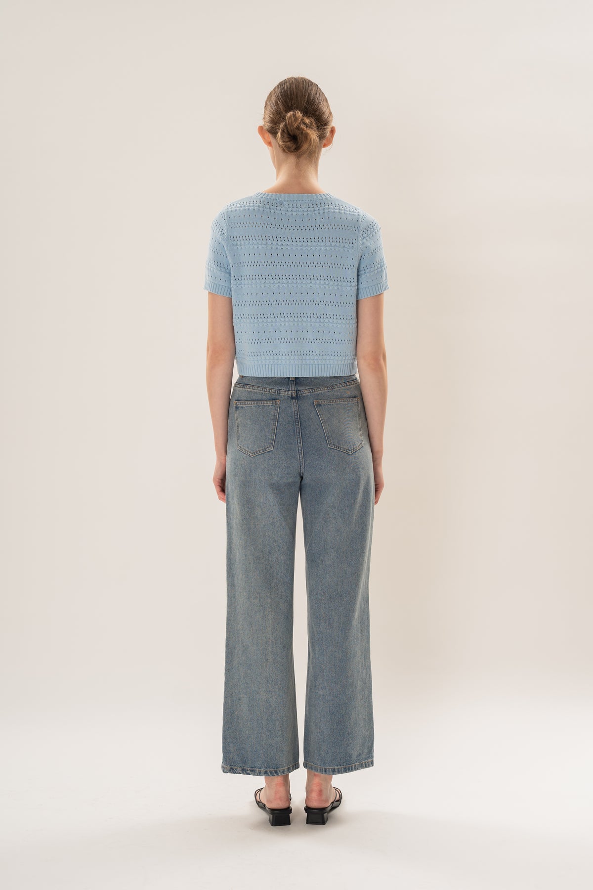 Crochet Knit Short Sleeve Cardigan Top in Mist Blue