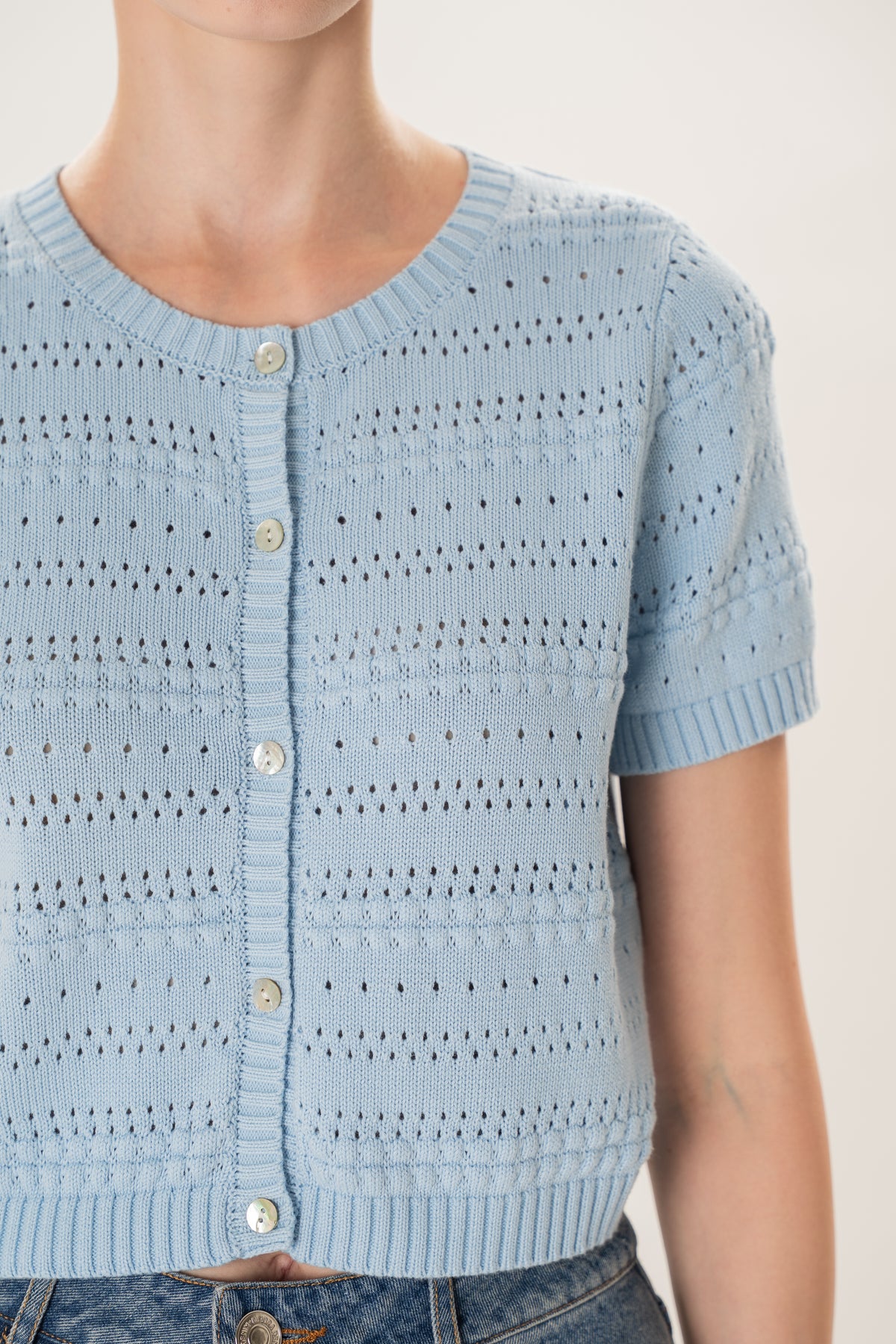 Crochet Knit Short Sleeve Cardigan Top in Mist Blue