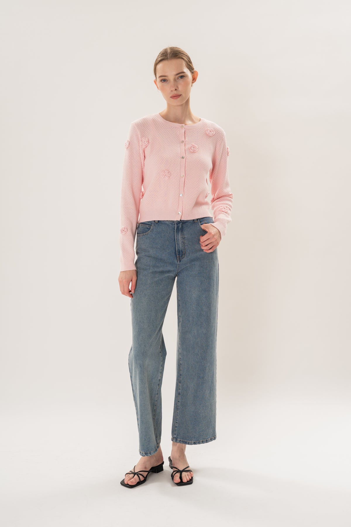 Floral Applique Cardigan in Pink