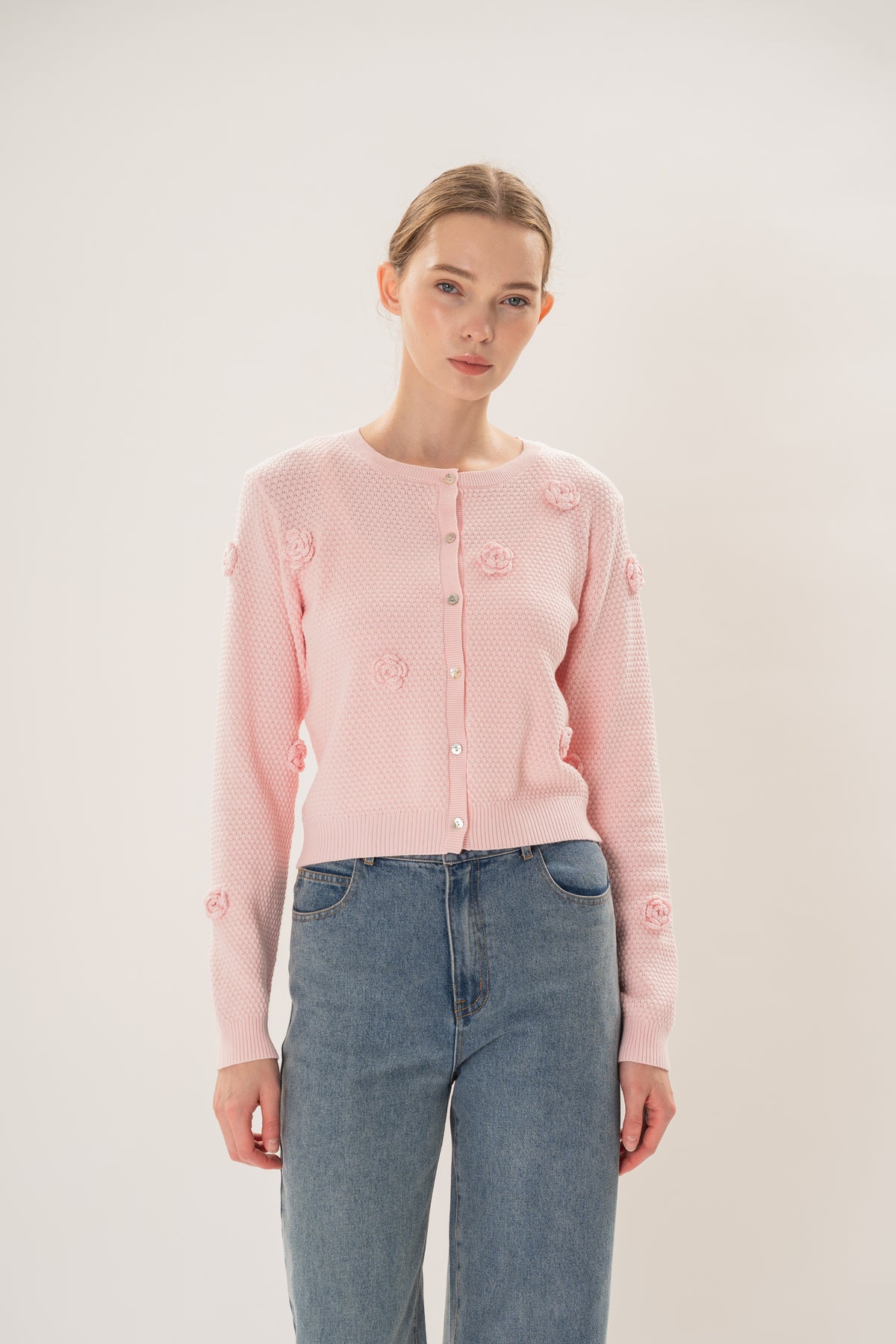 Floral Applique Cardigan in Pink