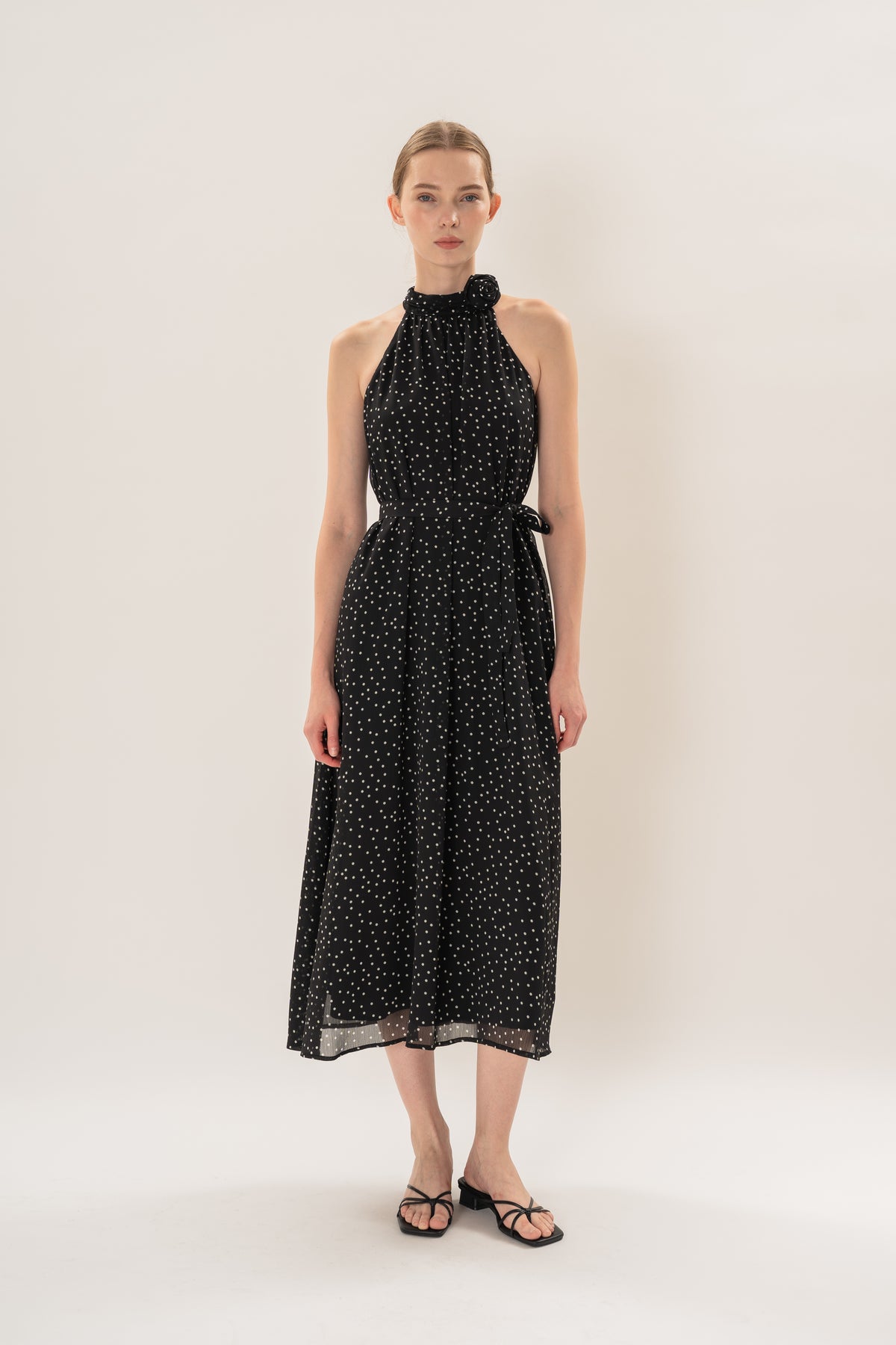Polka Dot High Neck Maxi Dress With Detachable Floral in Black