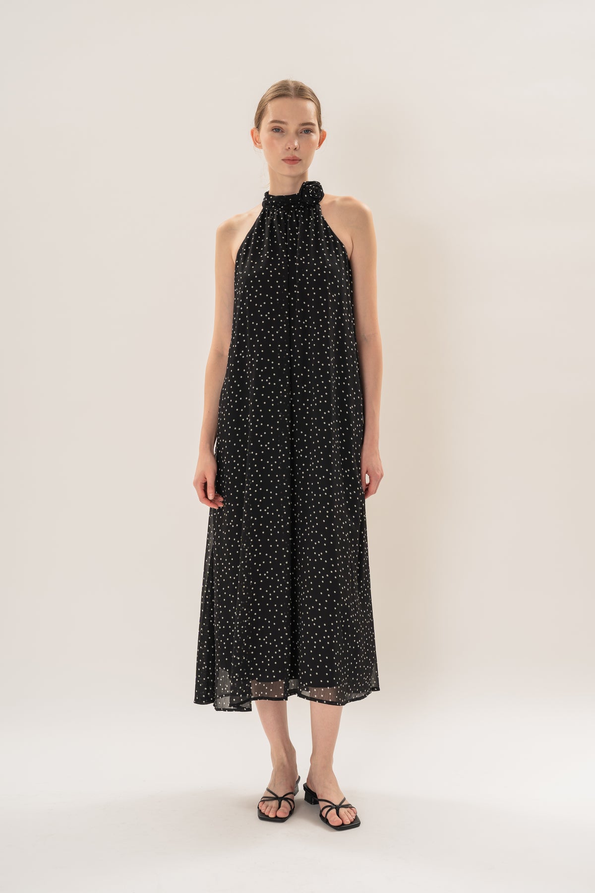 Polka Dot High Neck Maxi Dress With Detachable Floral in Black