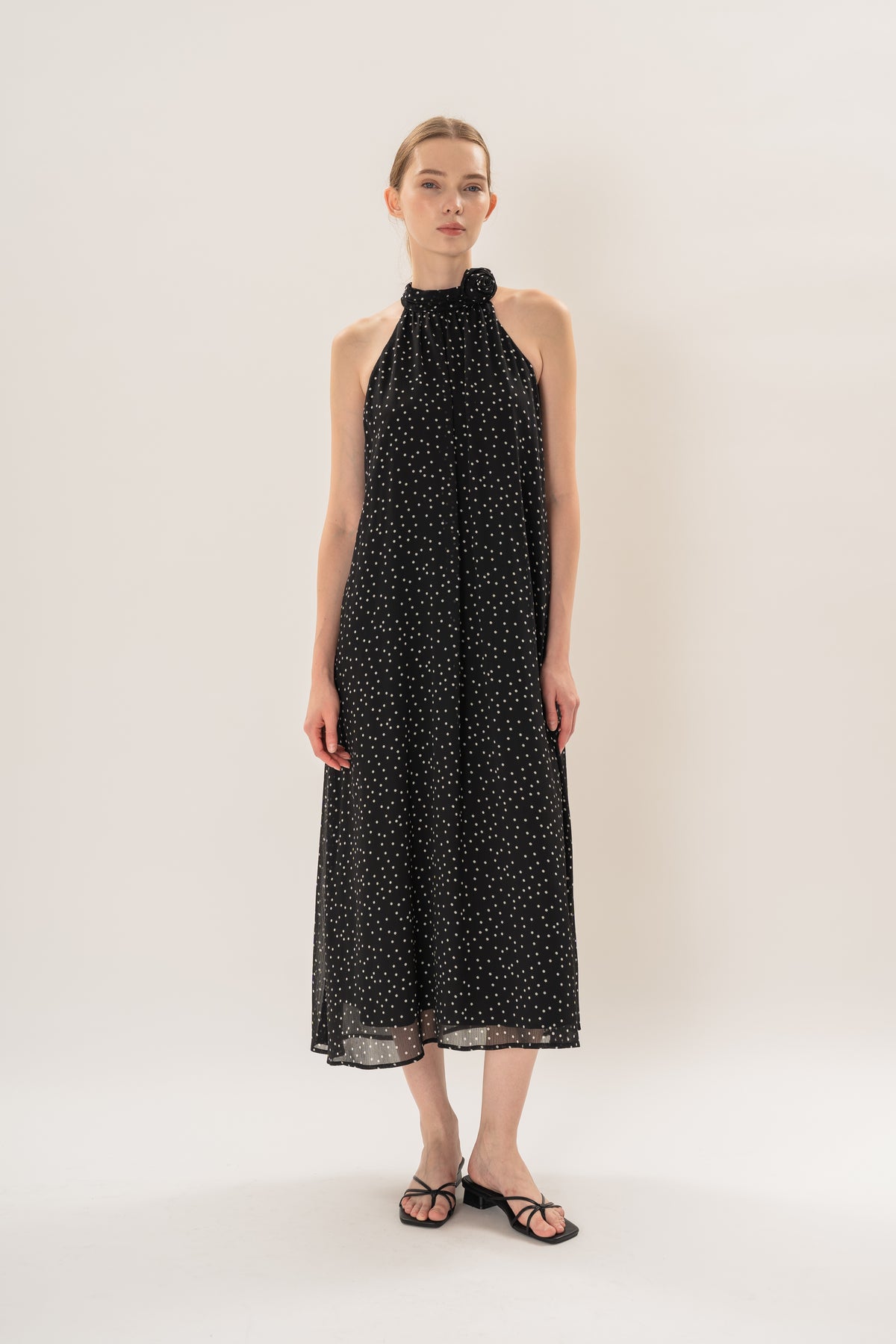 Polka Dot High Neck Maxi Dress With Detachable Floral in Black