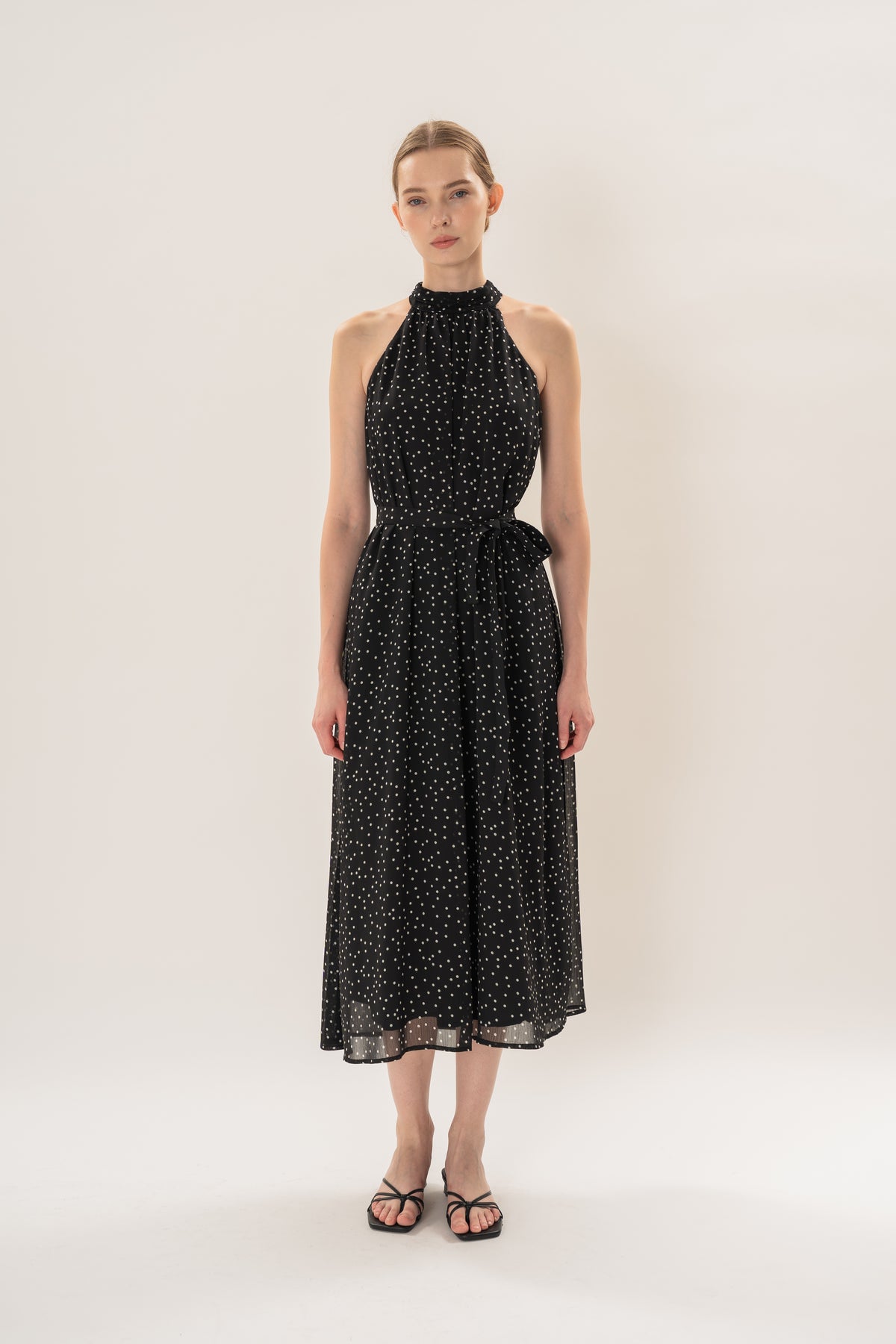 Polka Dot High Neck Maxi Dress With Detachable Floral in Black