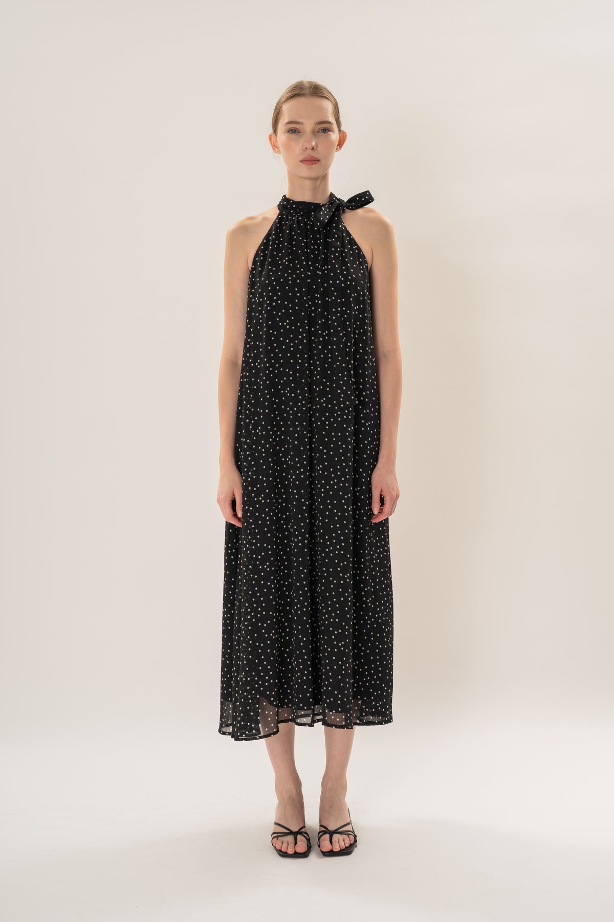 Polka Dot High Neck Maxi Dress With Detachable Floral in Black