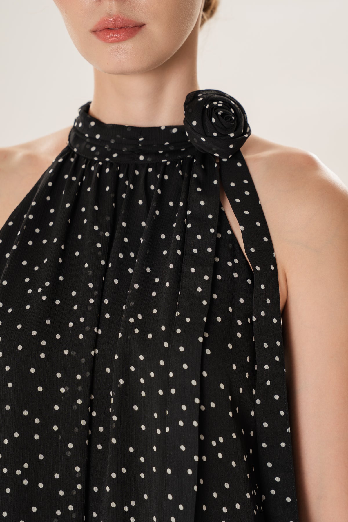 Polka Dot High Neck Maxi Dress With Detachable Floral in Black