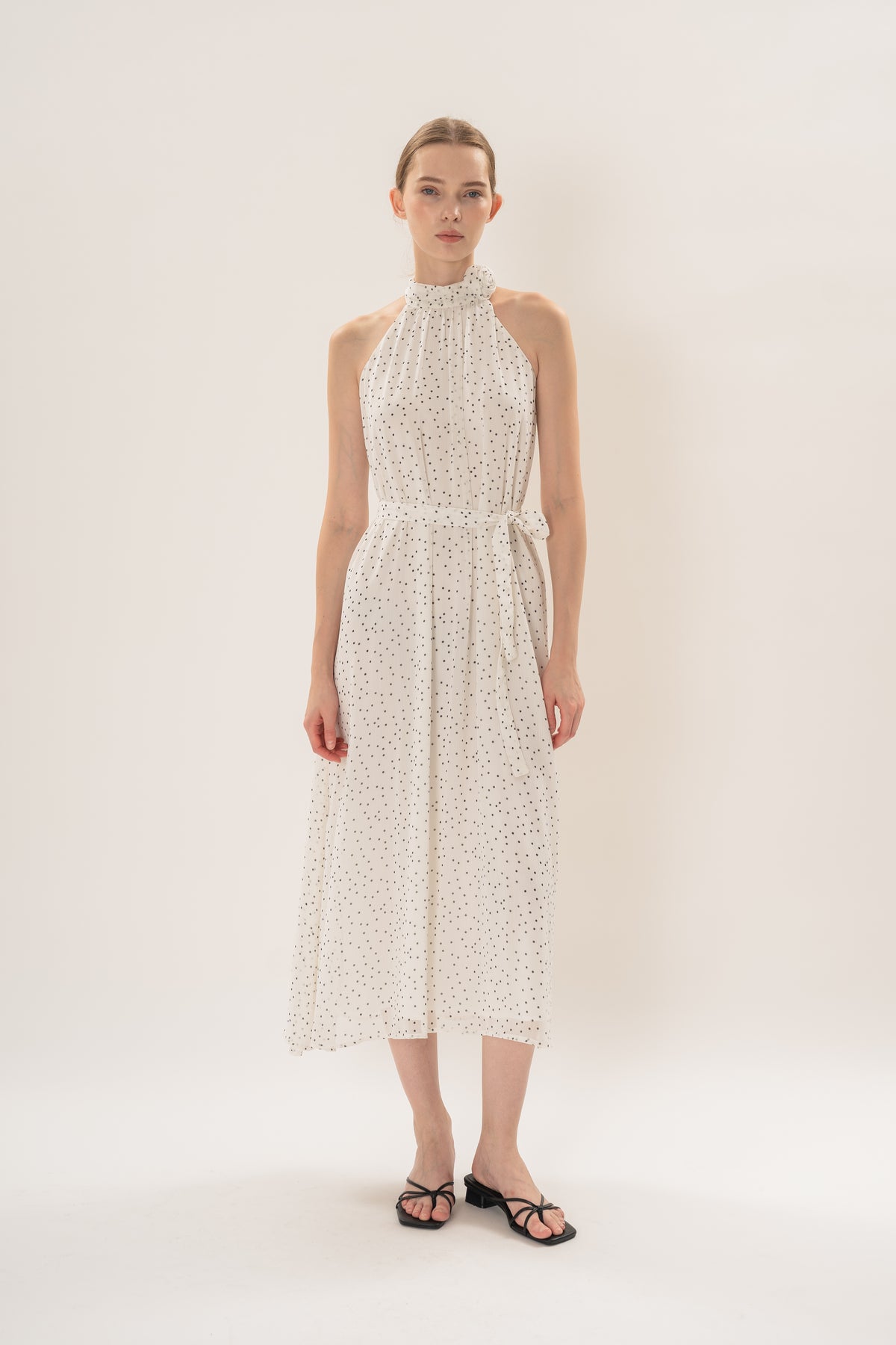 Polka Dot High Neck Maxi Dress With Detachable Floral in White