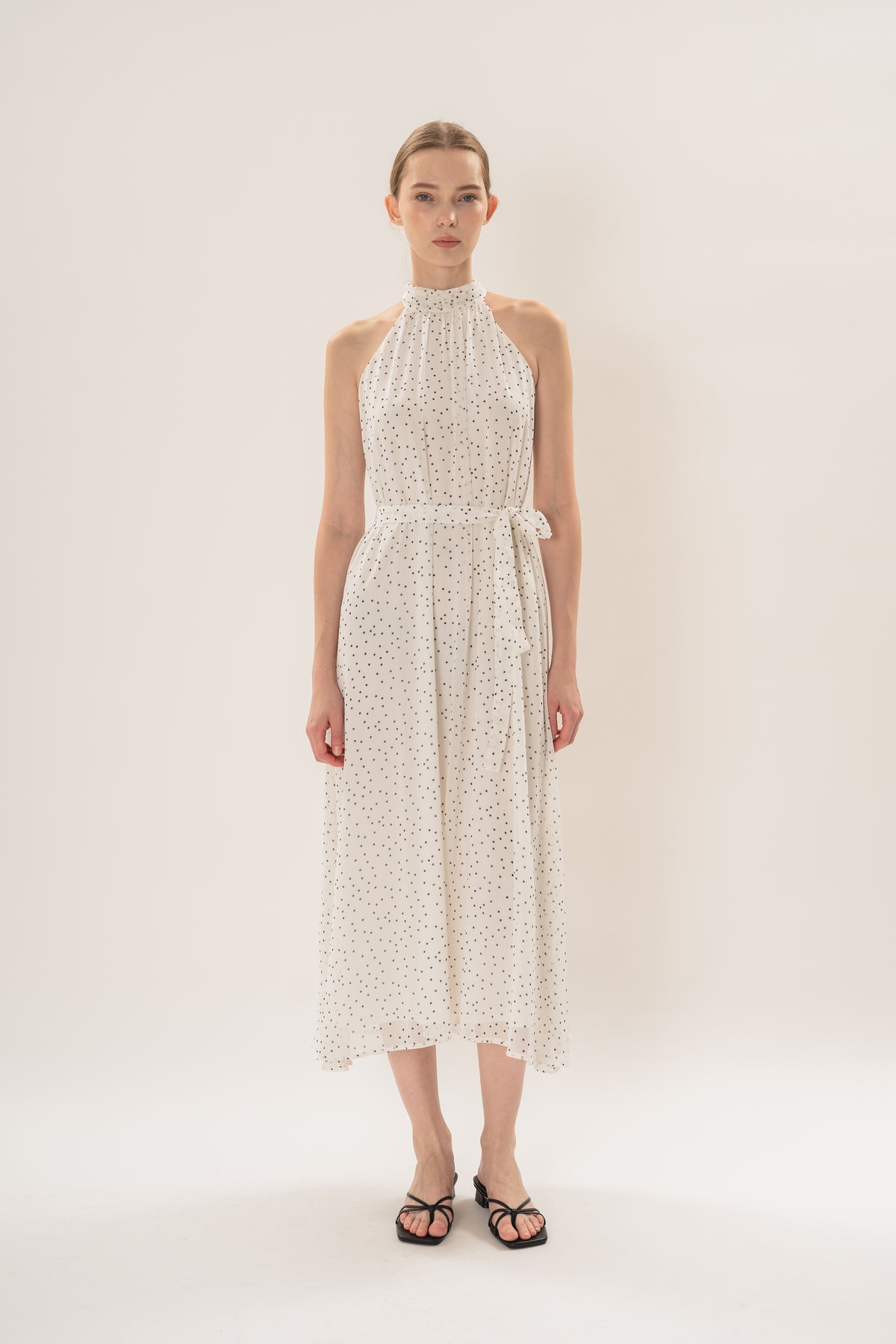 Polka Dot High Neck Maxi Dress With Detachable Floral in White