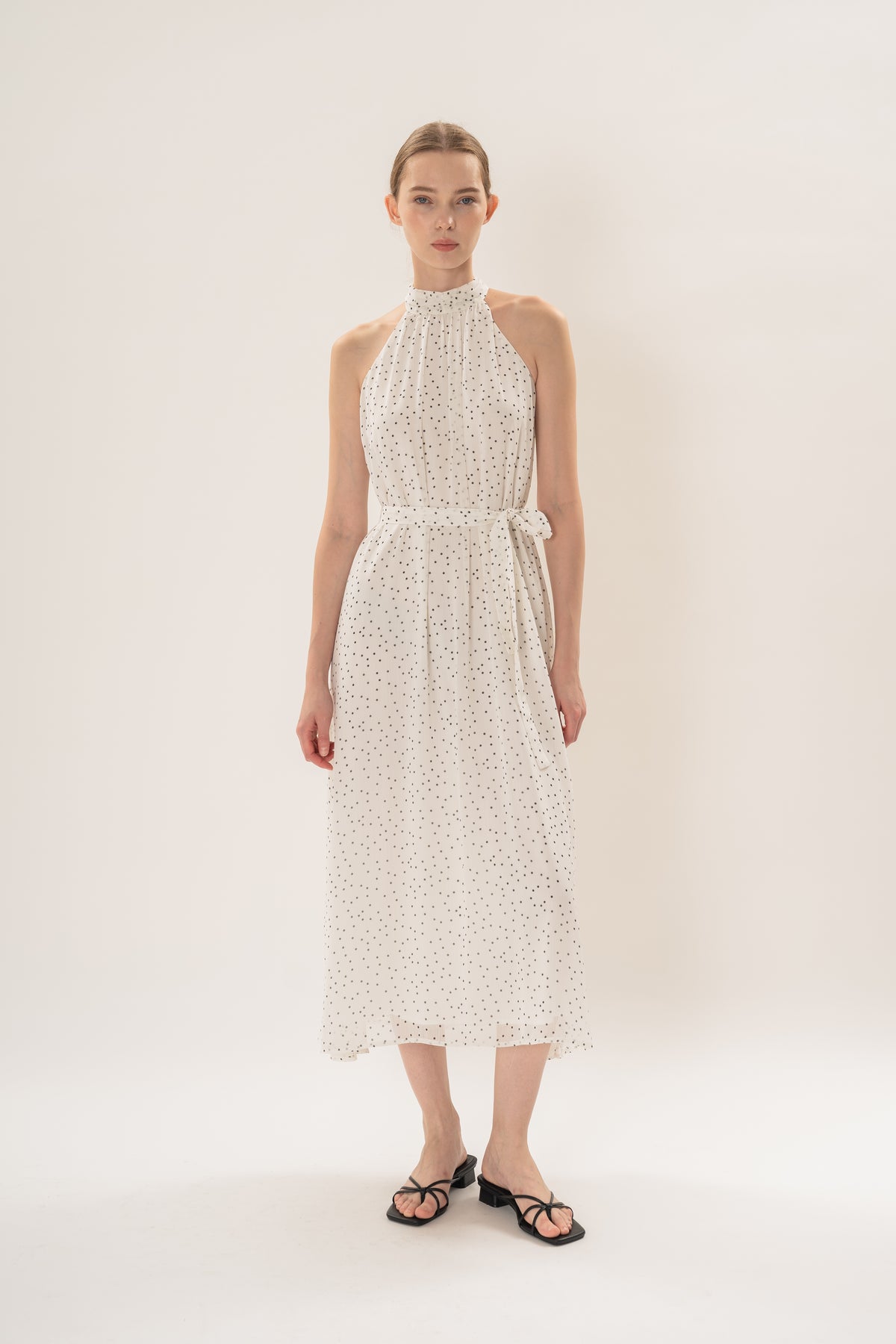 Polka Dot High Neck Maxi Dress With Detachable Floral in White