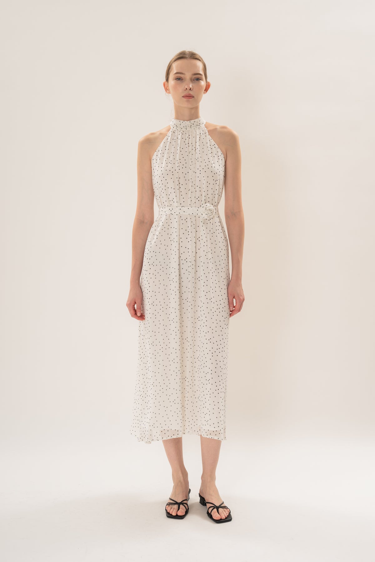 Polka Dot High Neck Maxi Dress With Detachable Floral in White