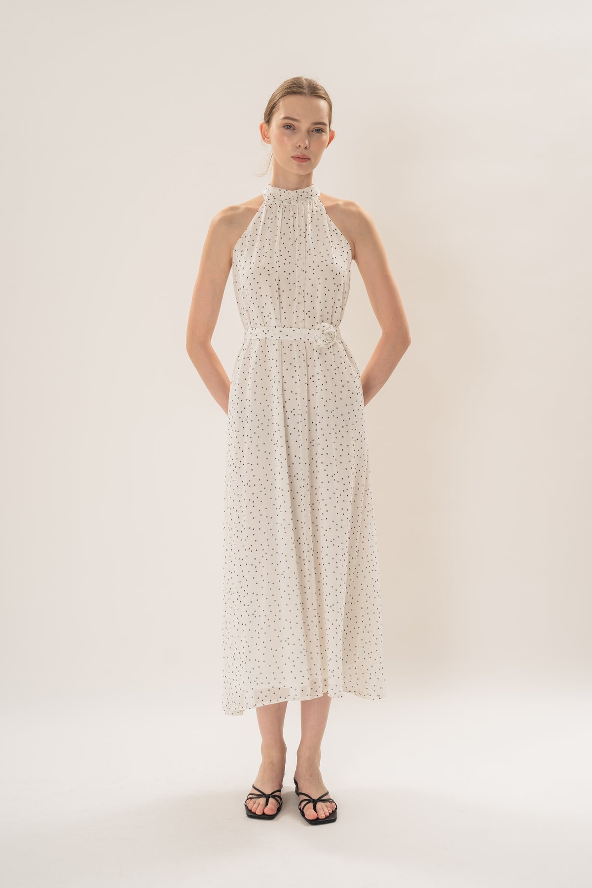 Polka Dot High Neck Maxi Dress With Detachable Floral in White