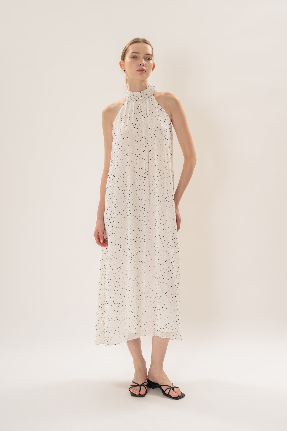 Polka Dot High Neck Maxi Dress With Detachable Floral in White