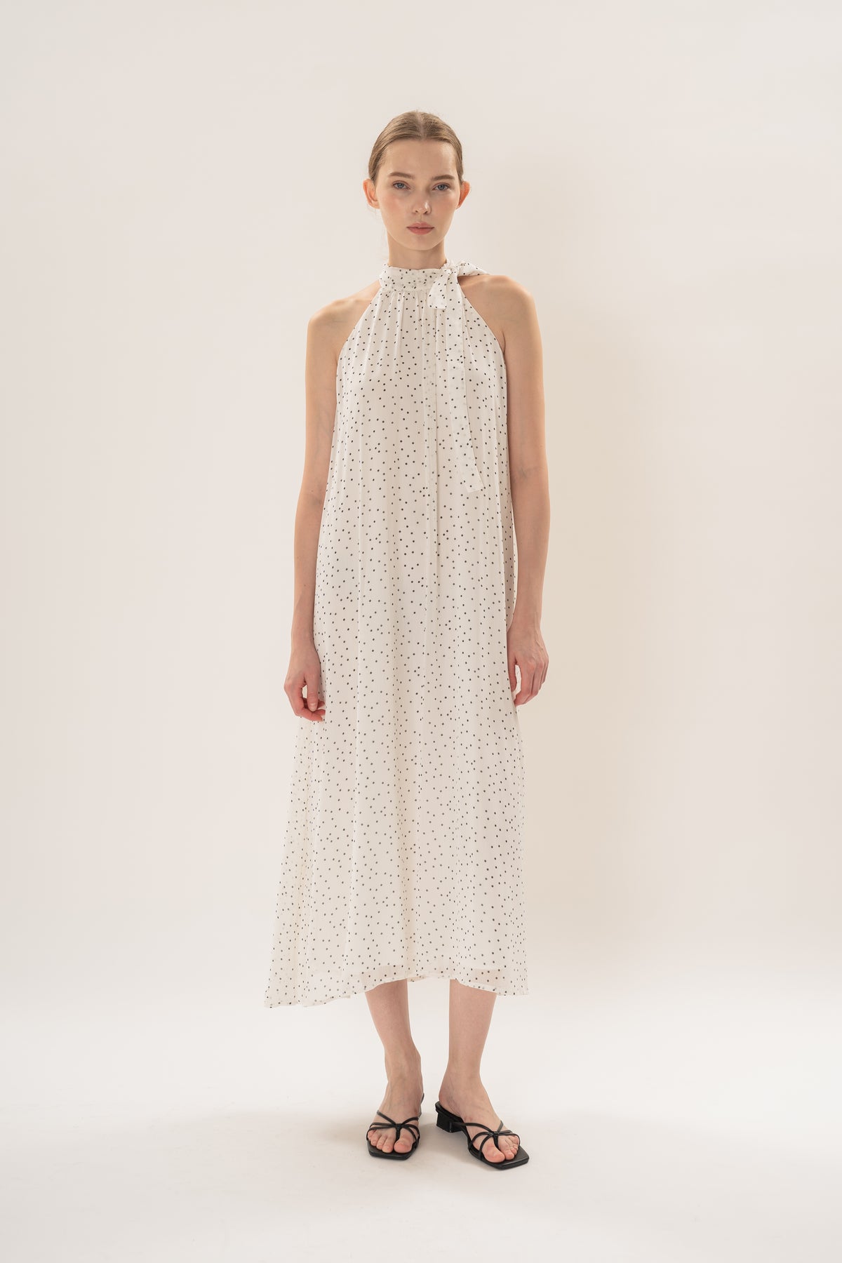 Polka Dot High Neck Maxi Dress With Detachable Floral in White
