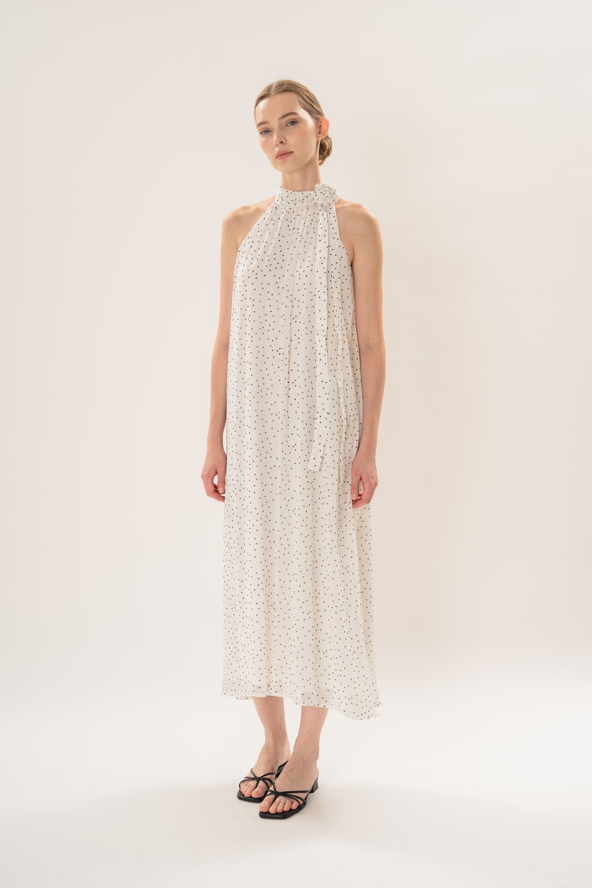 Polka Dot High Neck Maxi Dress With Detachable Floral in White