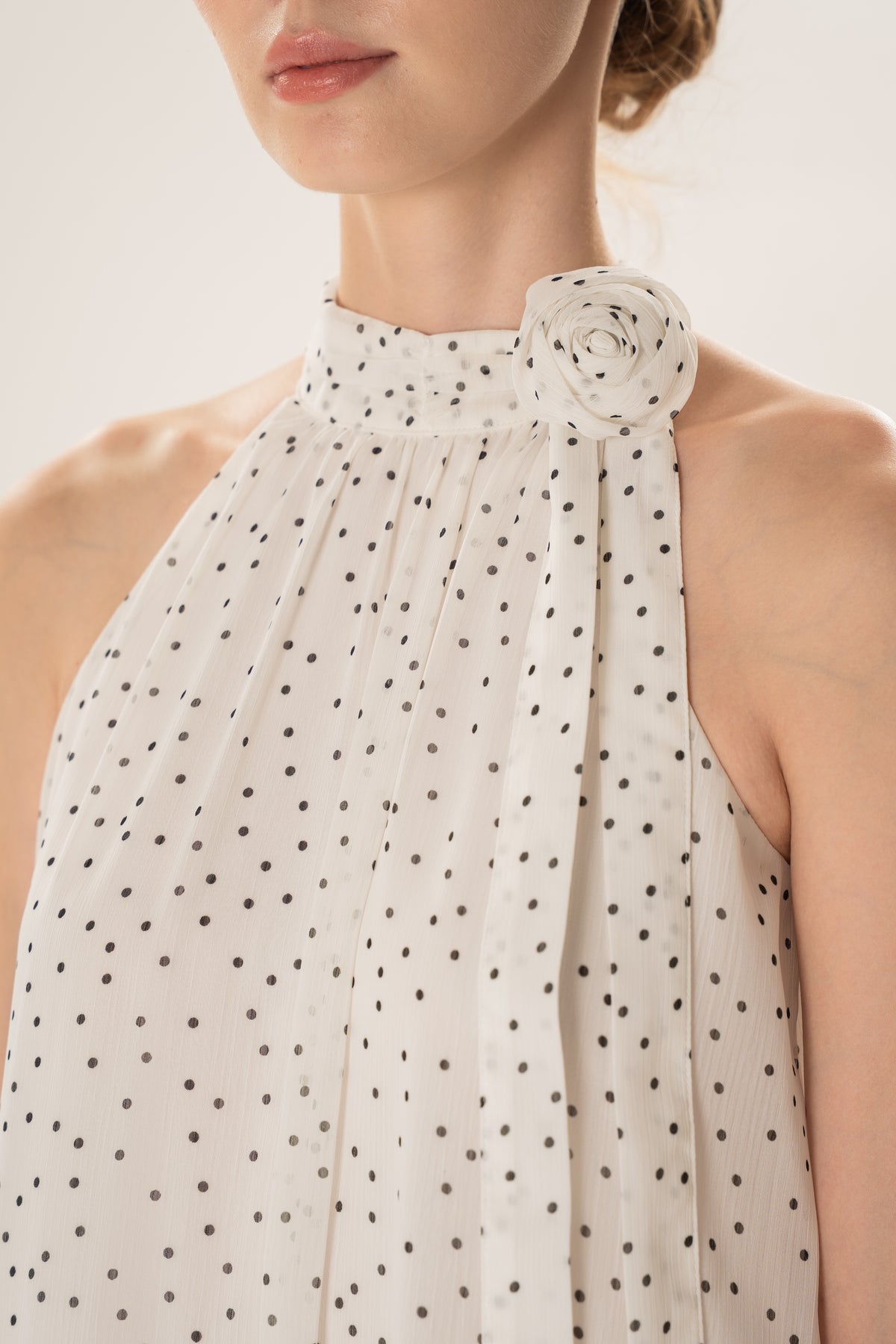 Polka Dot High Neck Maxi Dress With Detachable Floral in White