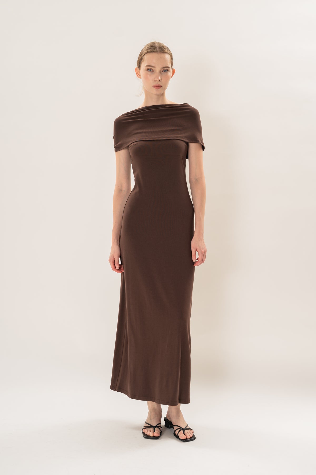 Soft Stretch Shawl Maxi Dress in Umber