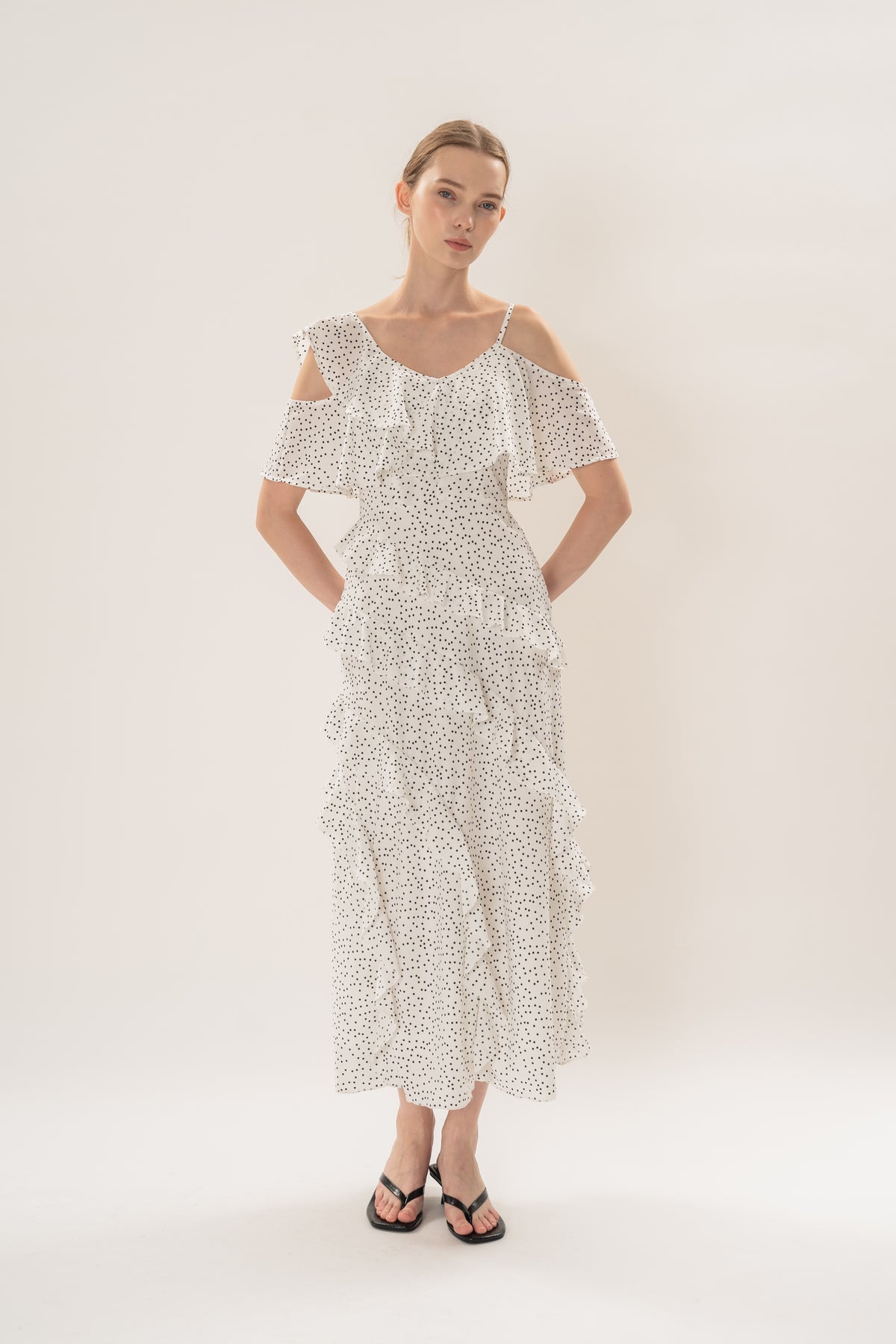 Ruffled Polka Dot Maxi Dress in White