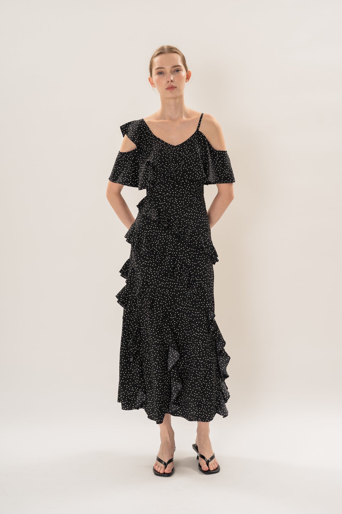 Ruffled Polka Dot Maxi Dress in Black