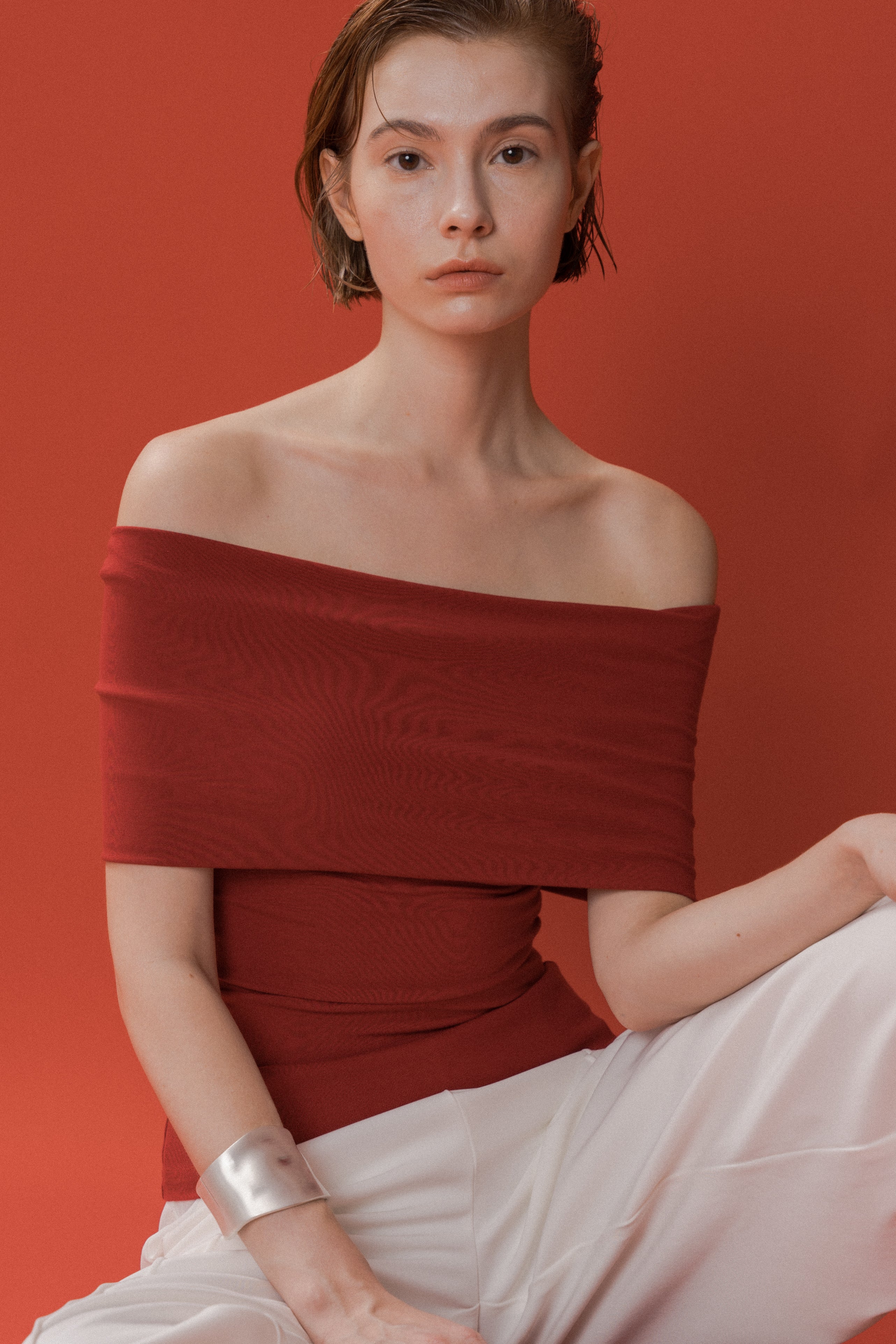 Padded Off Shoulder Wrap Top in Red