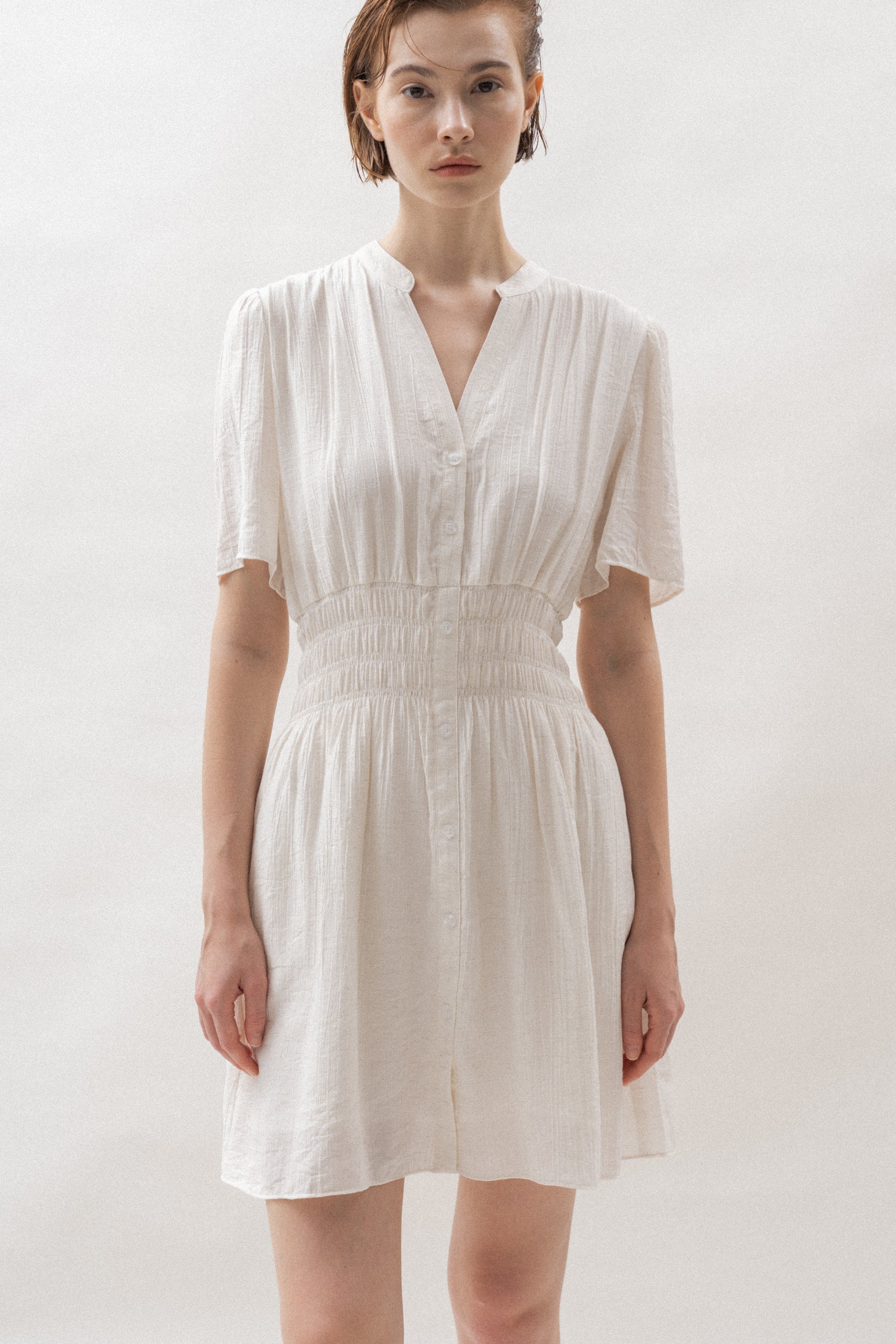 Shirred Mini Shirt Dress in Ivory