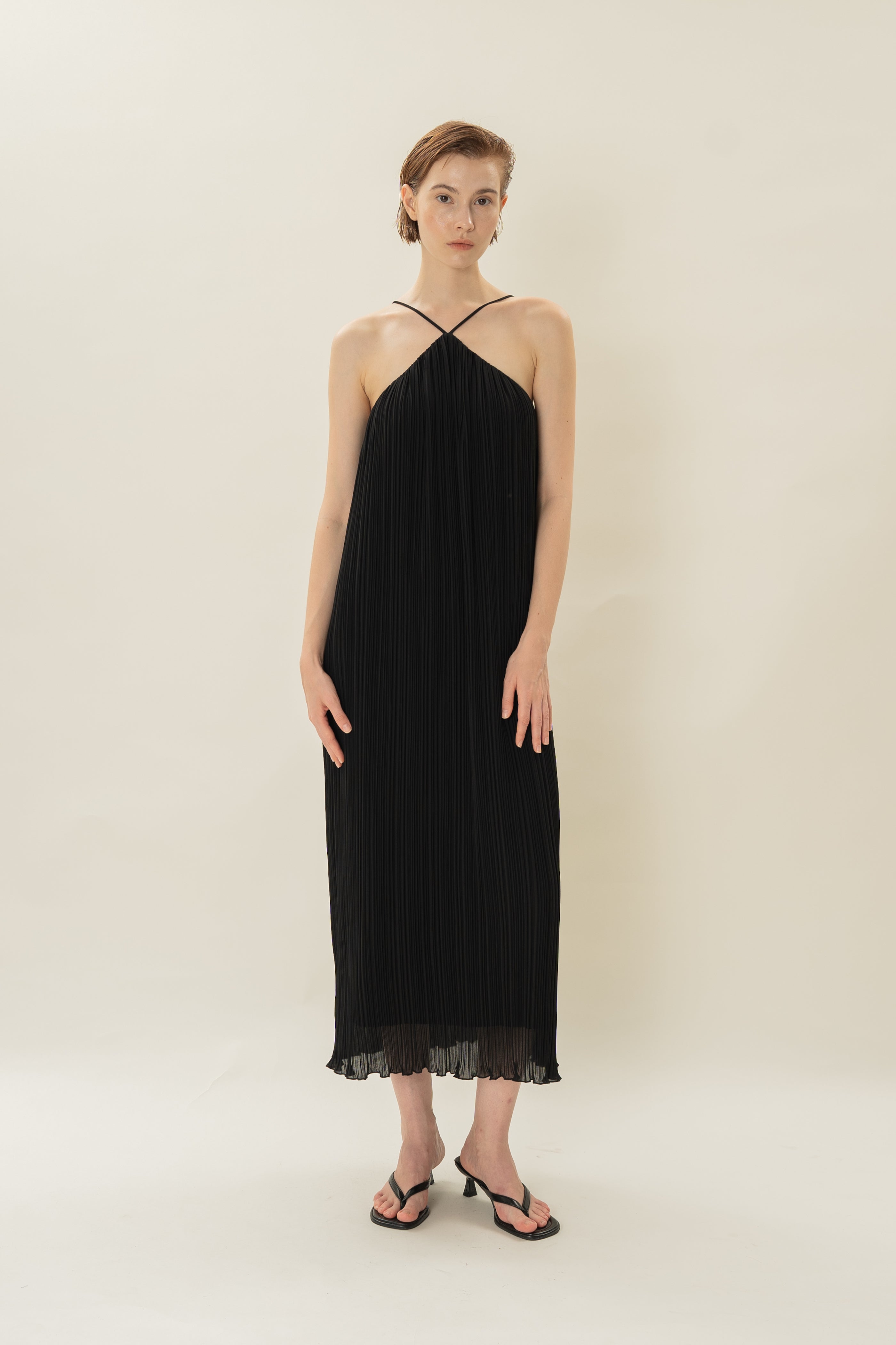 Halter Pleated Maxi Dress in Black