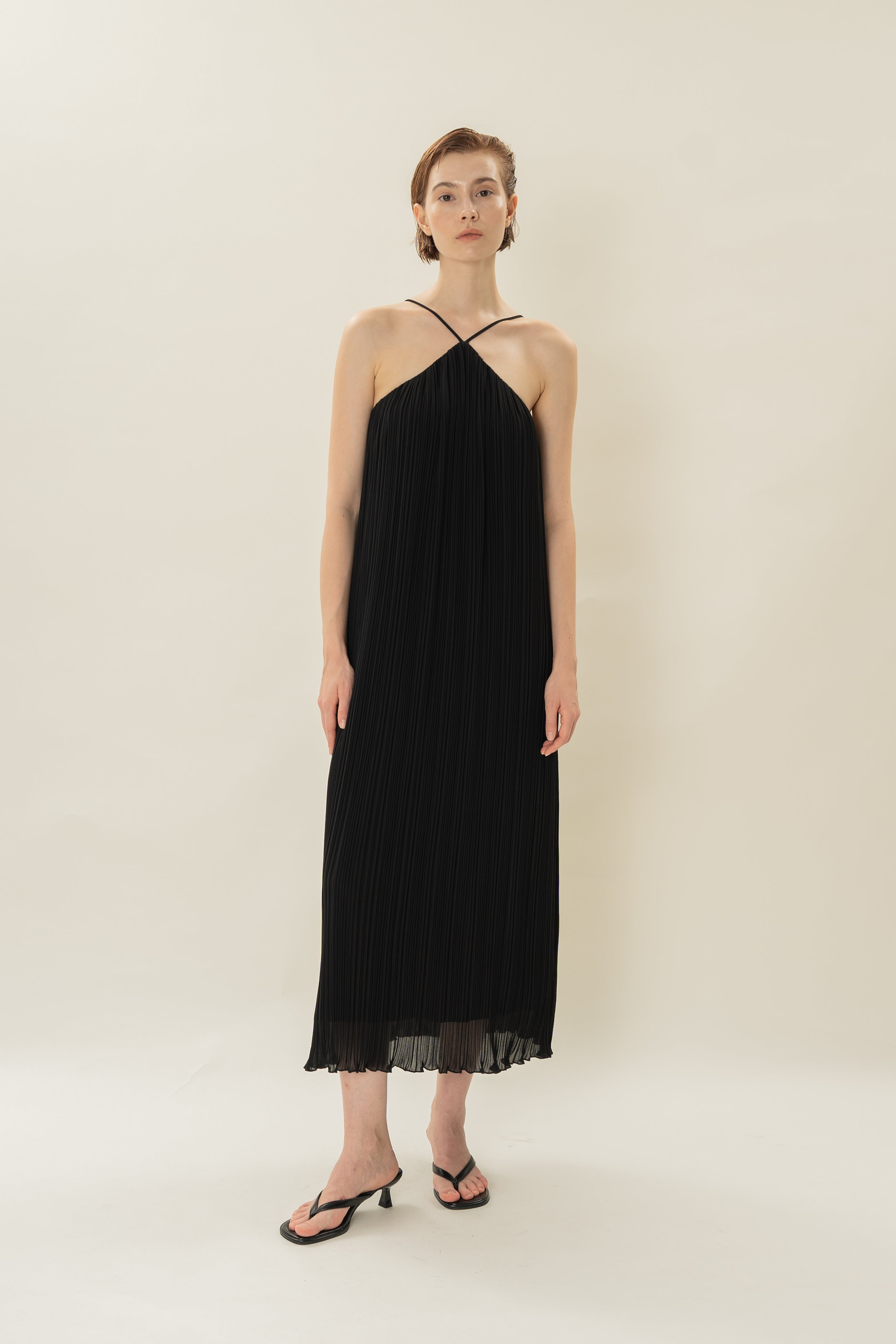 Halter Pleated Maxi Dress in Black