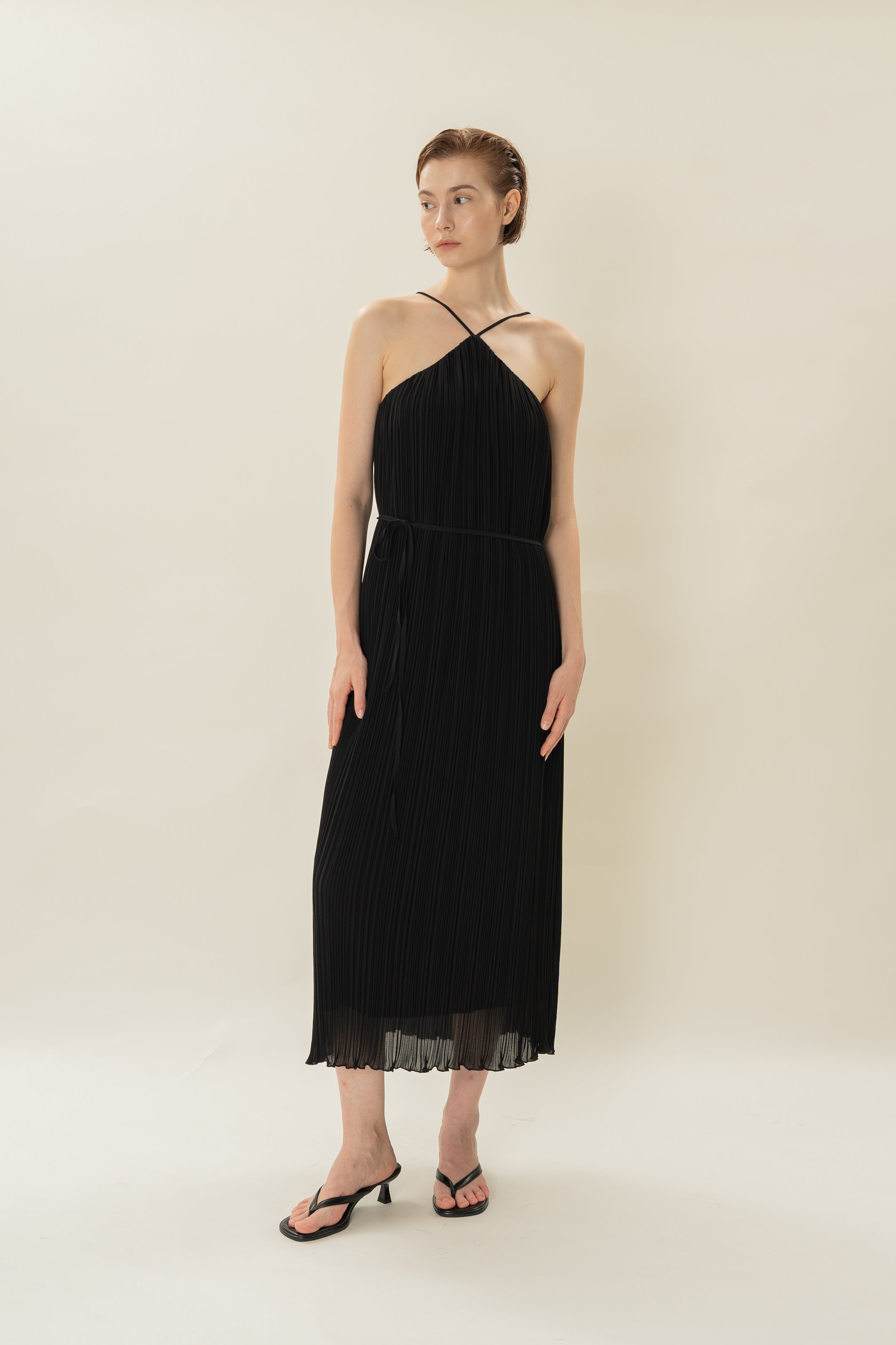 Halter Pleated Maxi Dress in Black