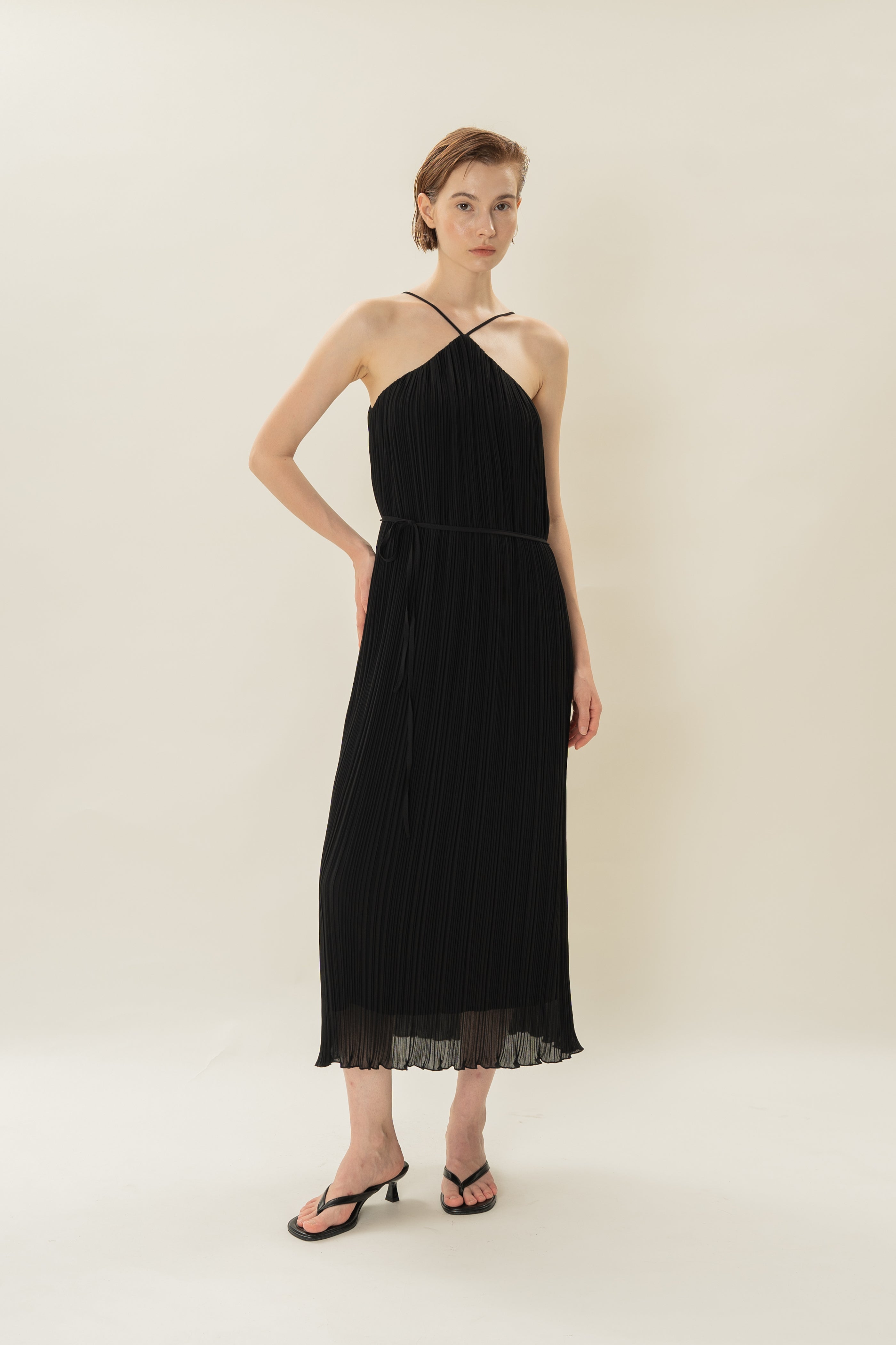 Halter Pleated Maxi Dress in Black