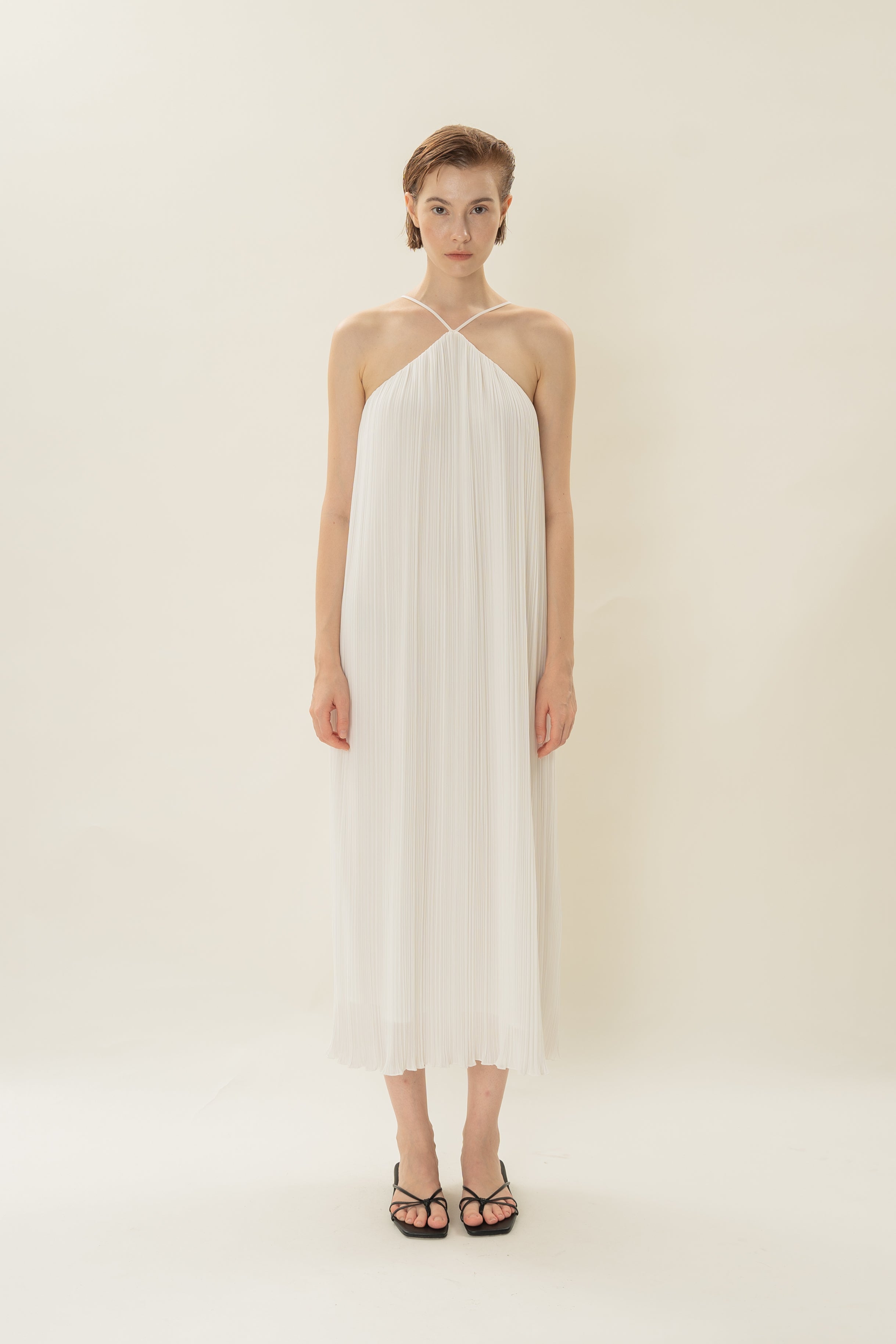 Halter Pleated Maxi Dress in White