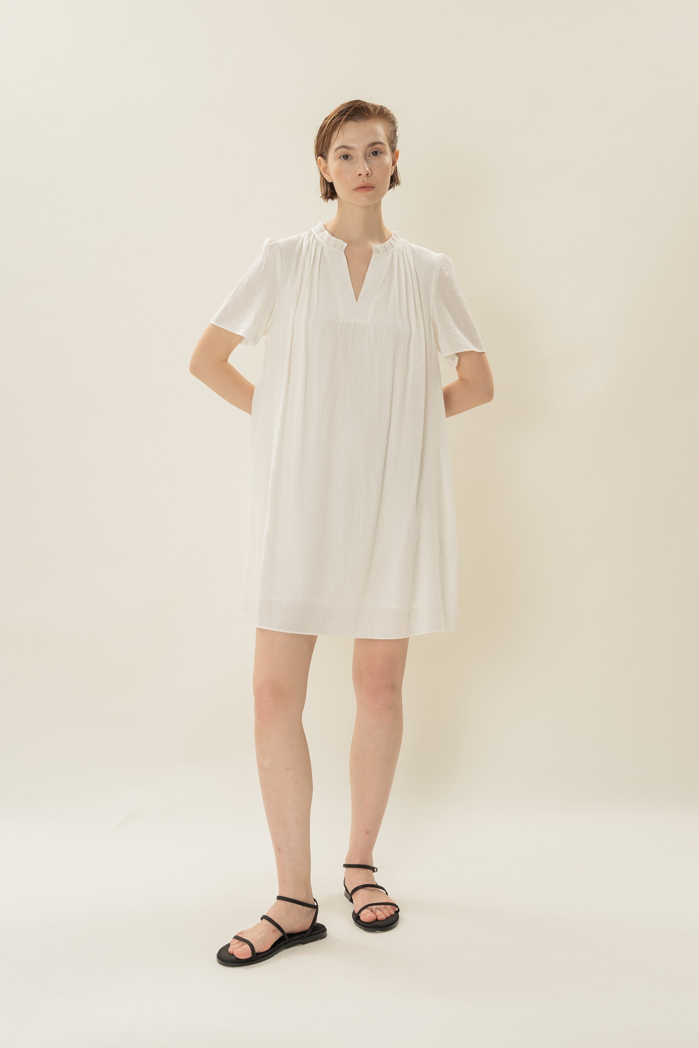Pleated V Neck Dress in White
