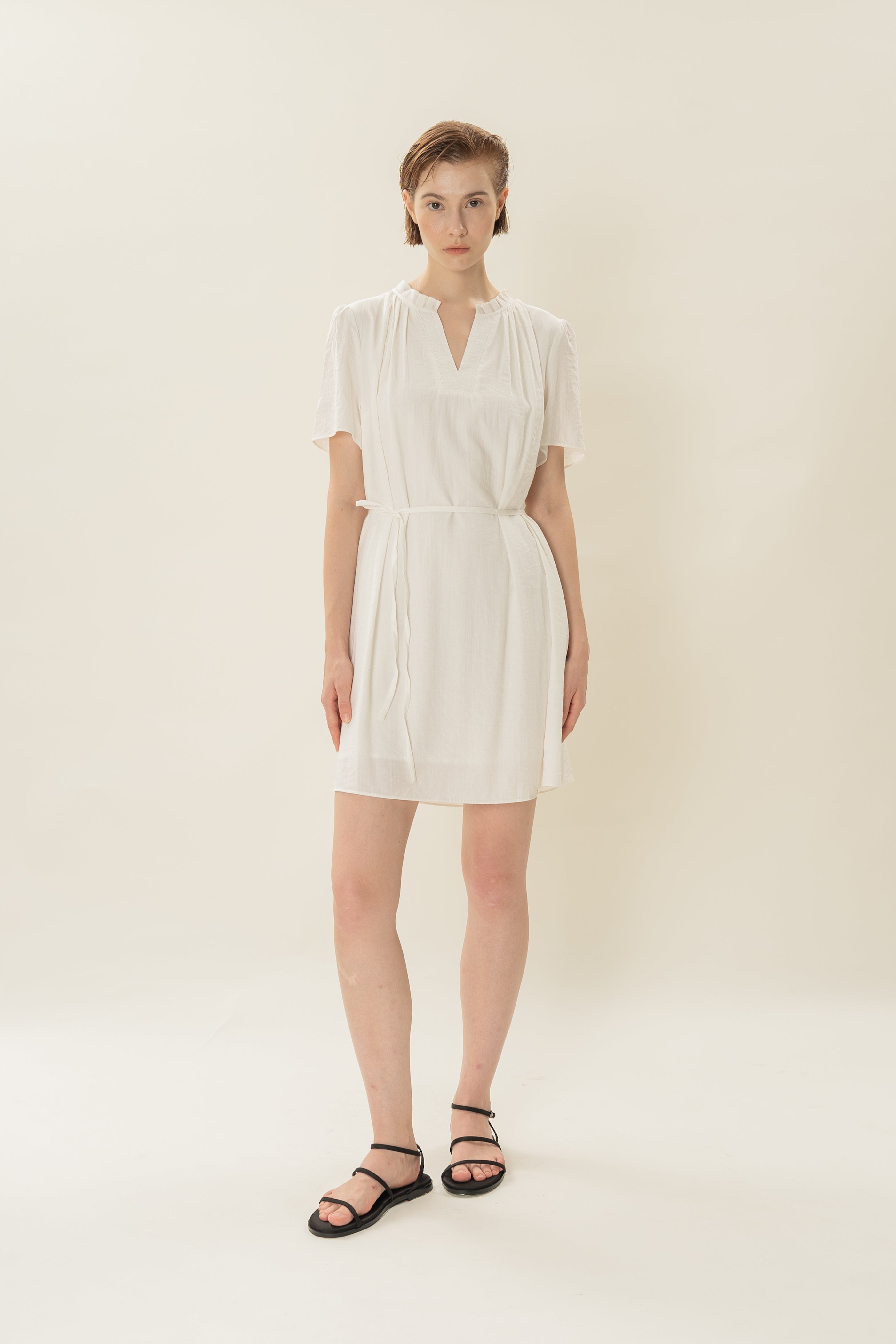 Pleated V Neck Dress in White