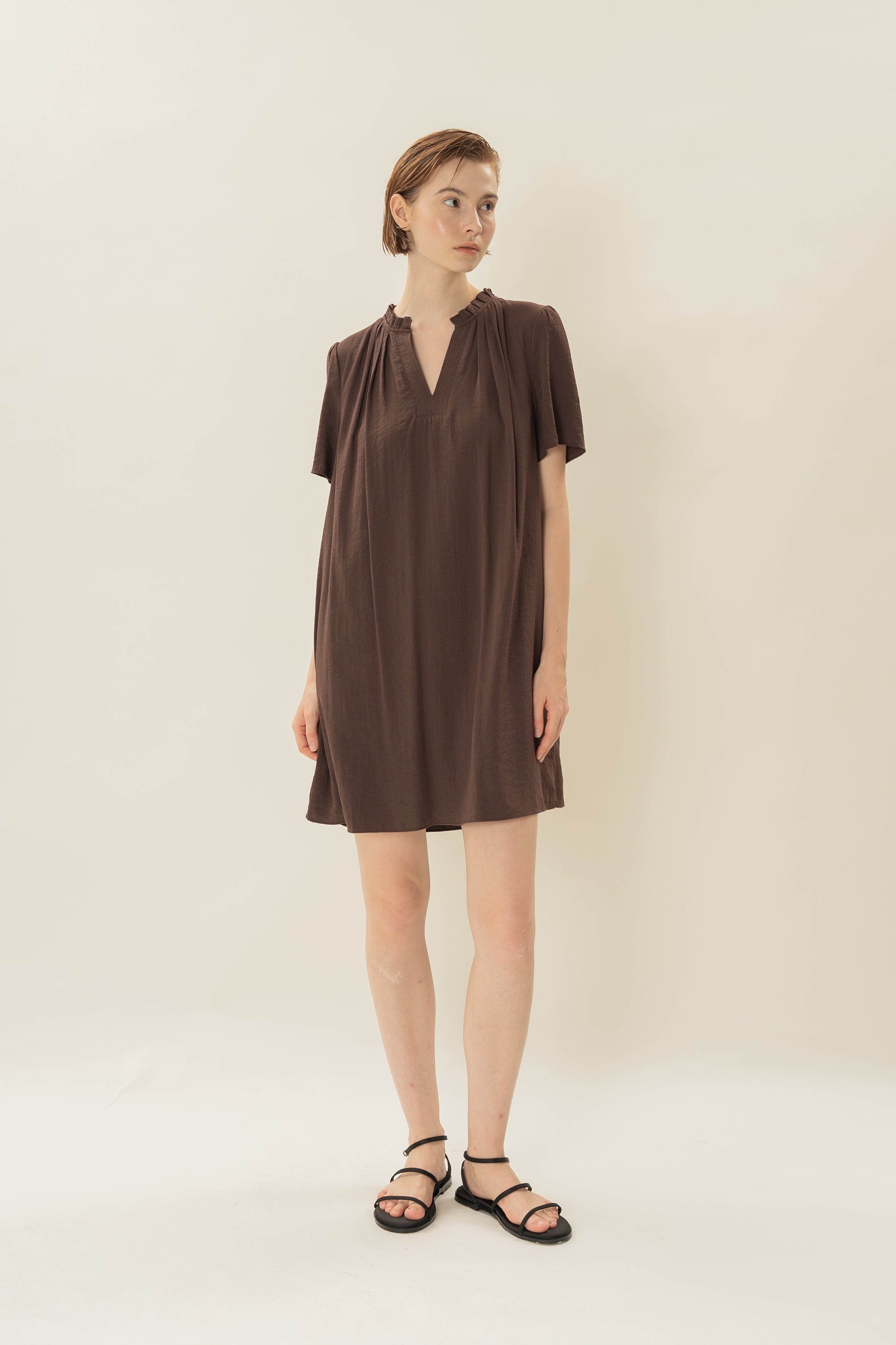 Pleated V Neck Dress in Soil
