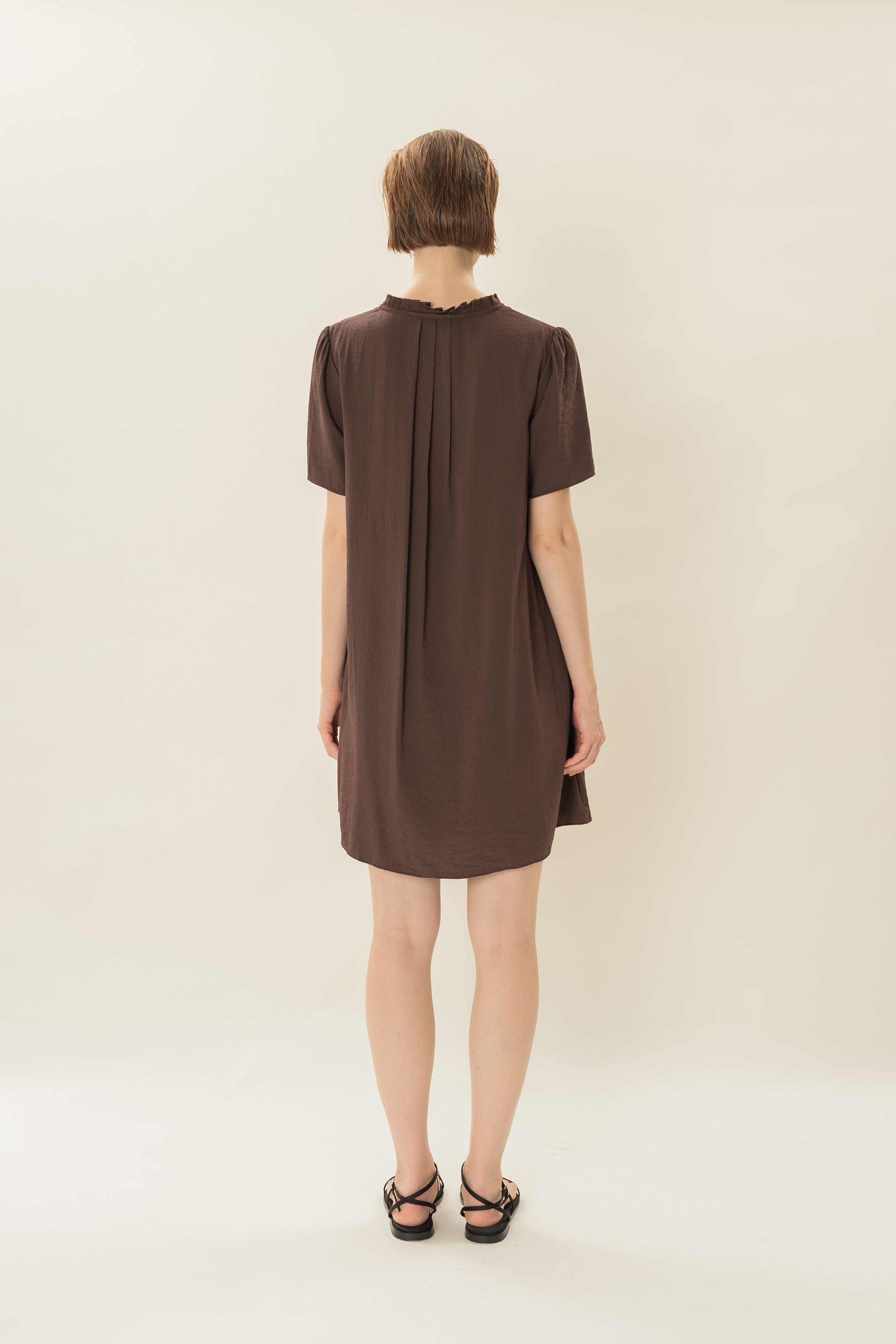 Pleated V Neck Dress in Soil