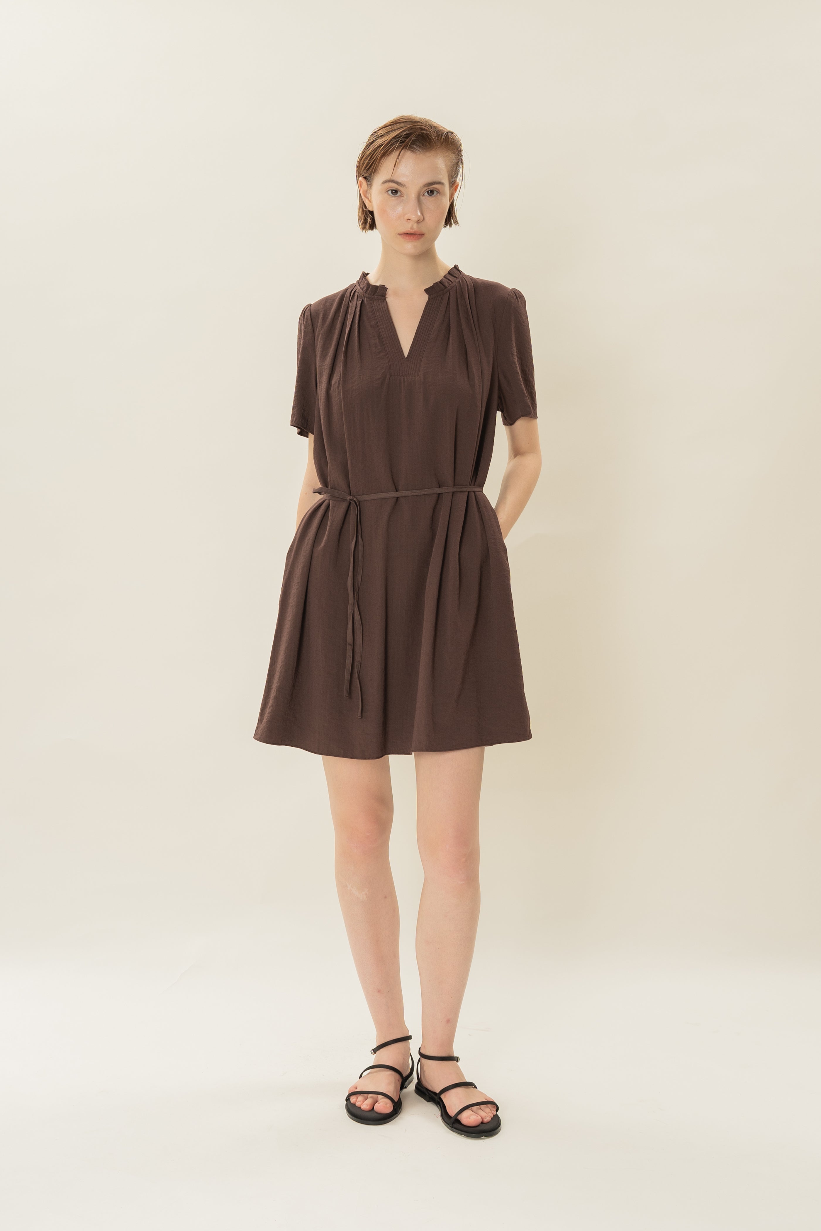 Pleated V Neck Dress in Soil