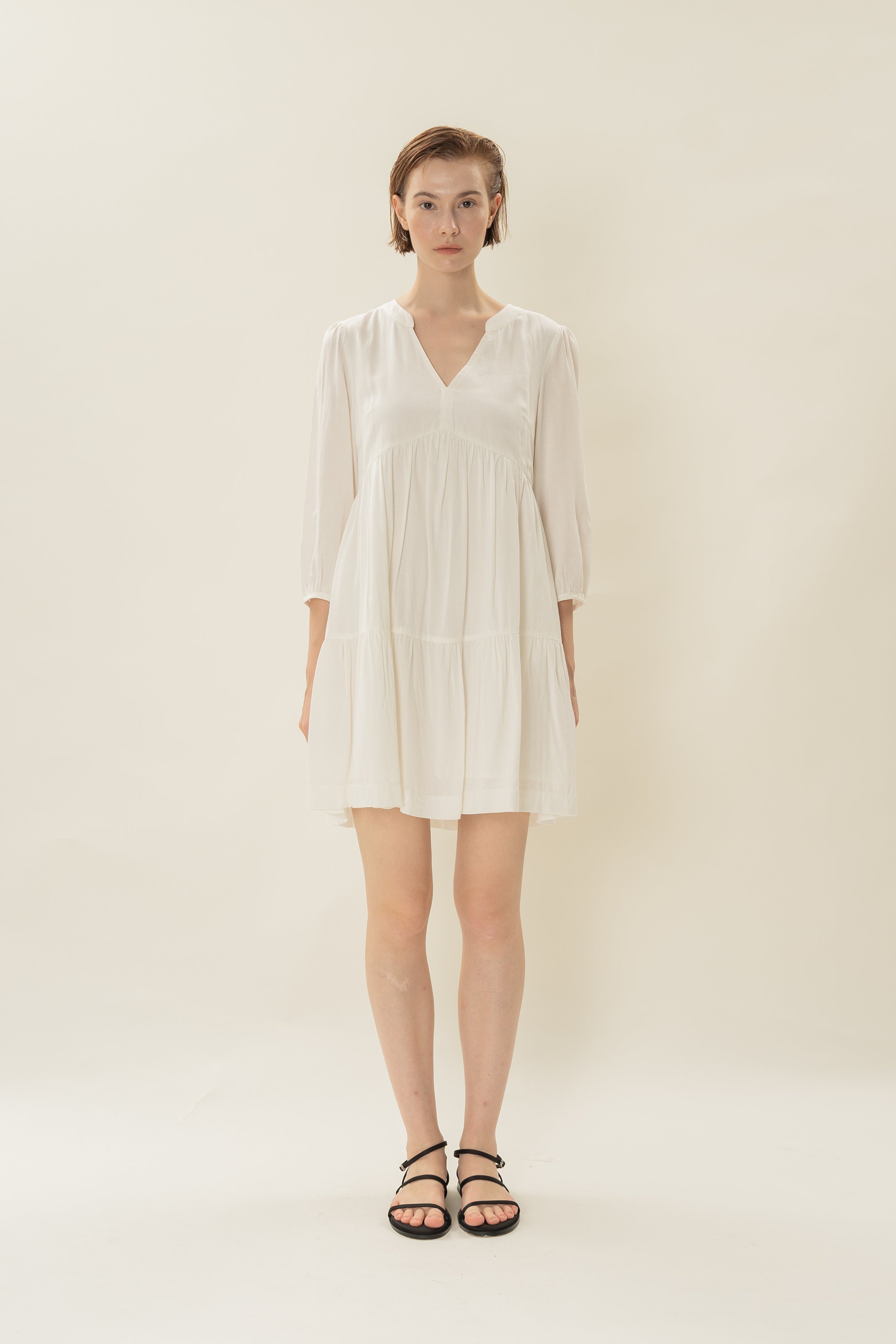 Linen Blend Tiered Dress in White