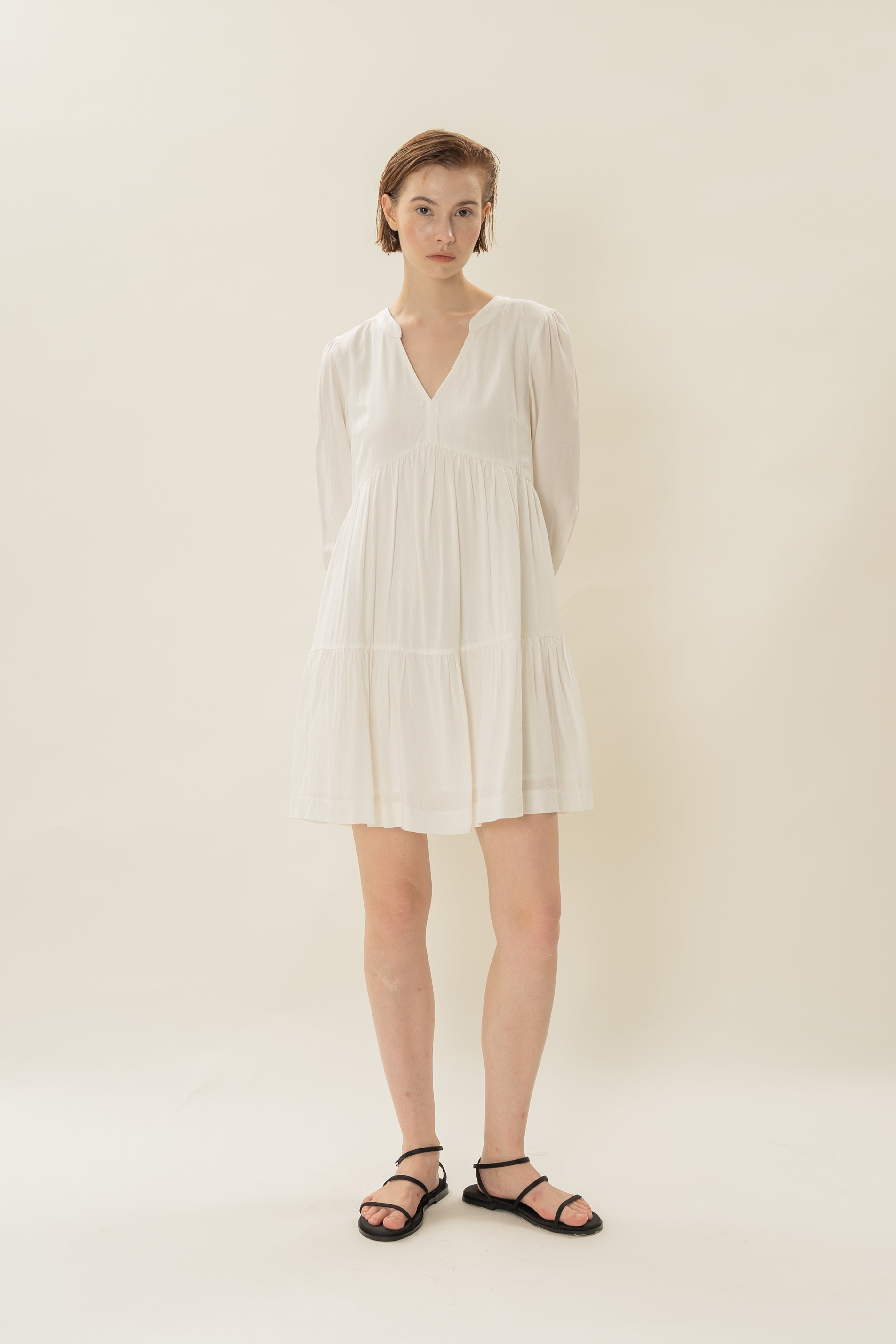 Linen Blend Tiered Dress in White