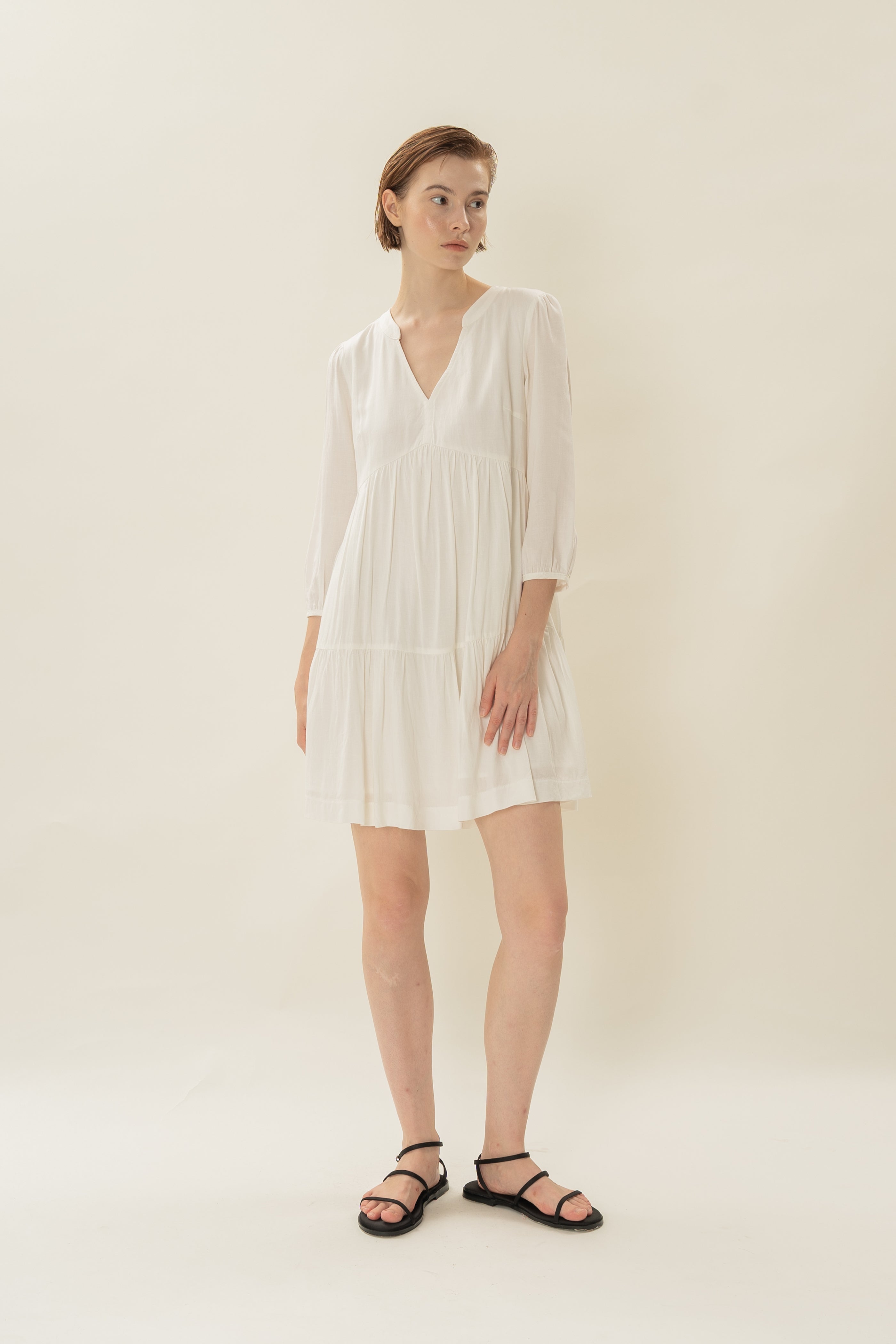Linen Blend Tiered Dress in White