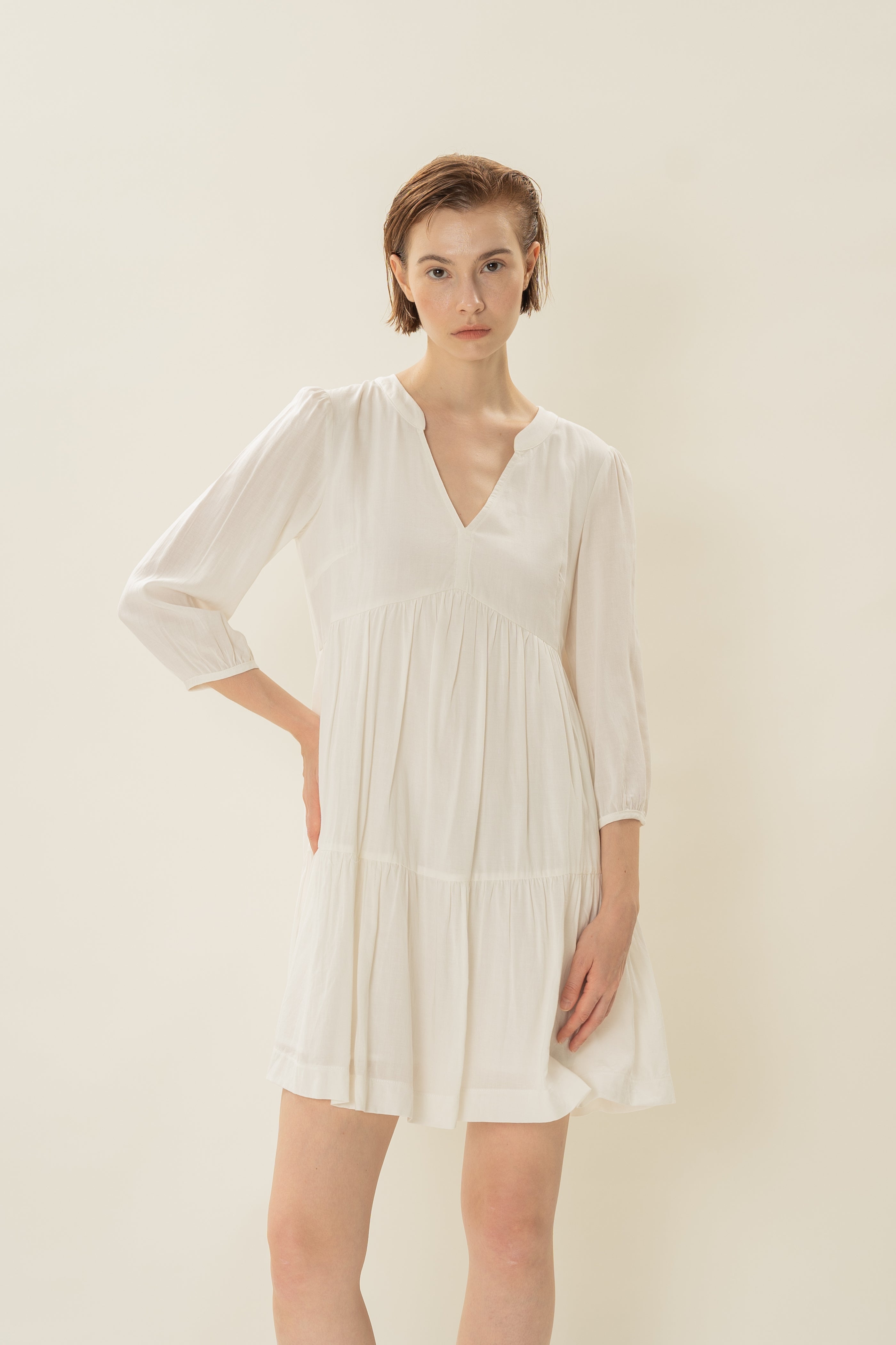 Linen Blend Tiered Dress in White