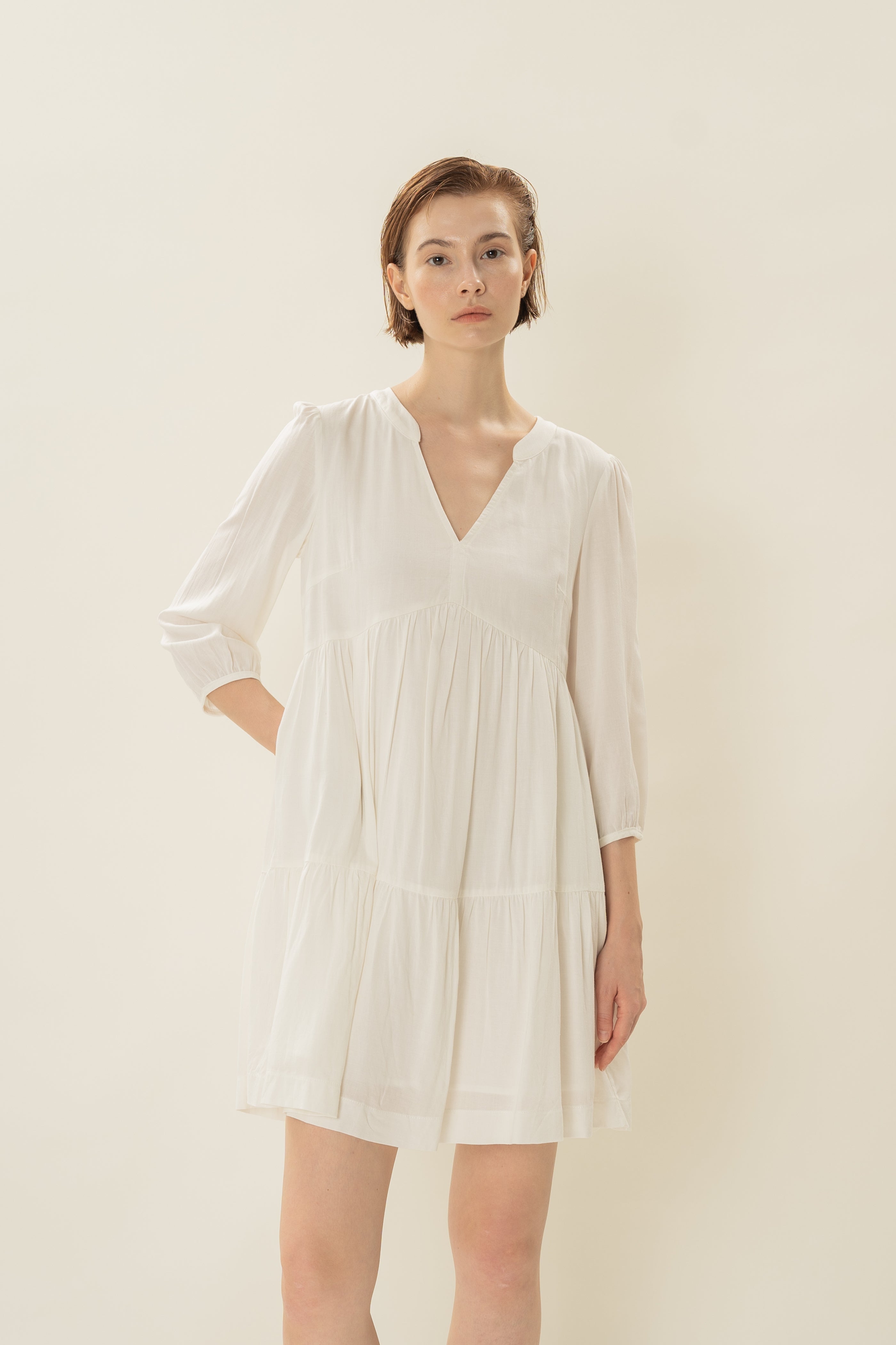 Linen Blend Tiered Dress in White