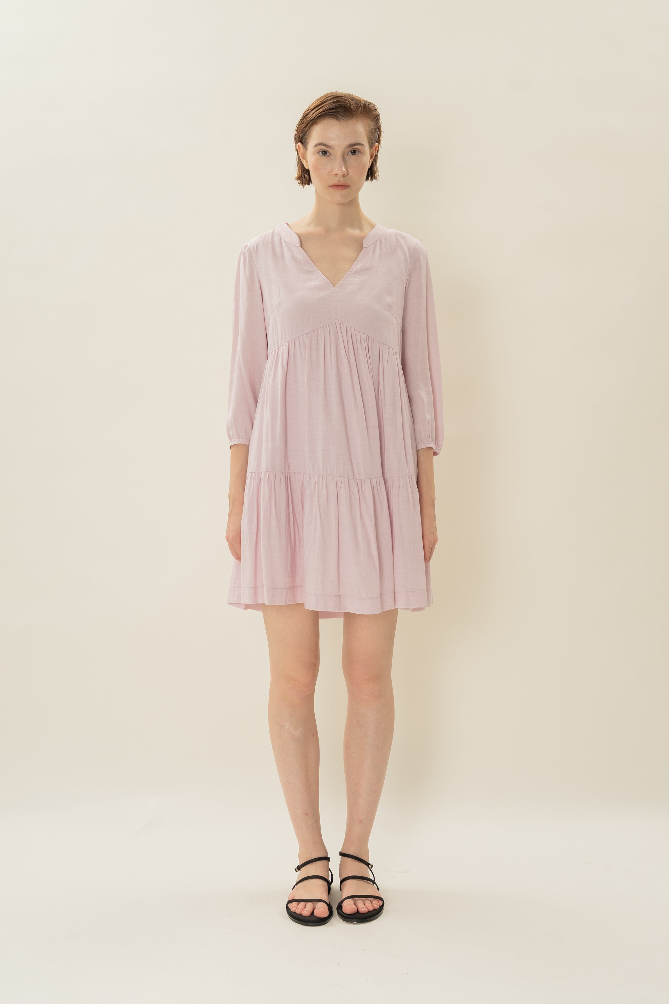 Linen Blend Tiered Dress in Pale Pink