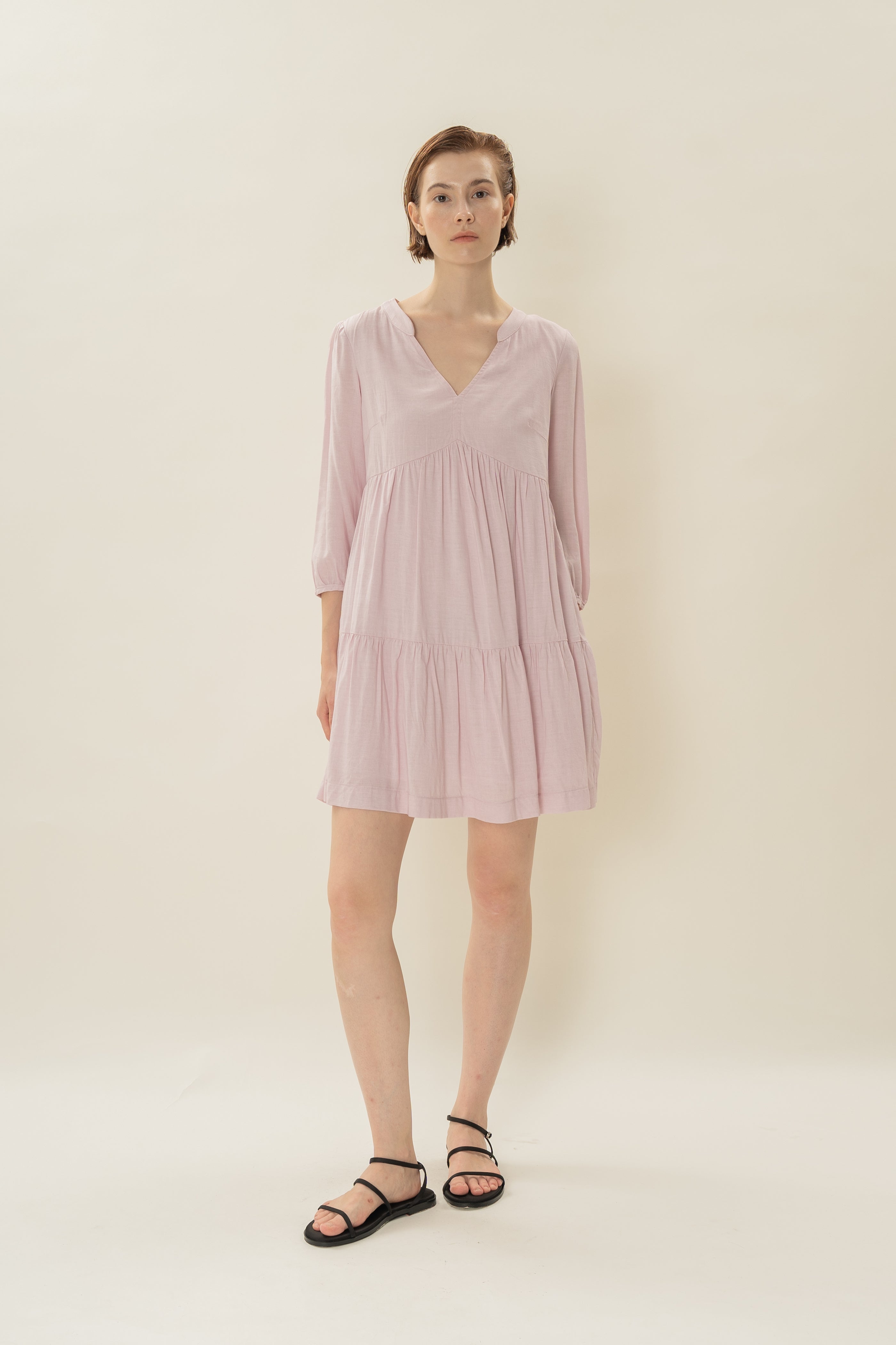 Linen Blend Tiered Dress in Pale Pink