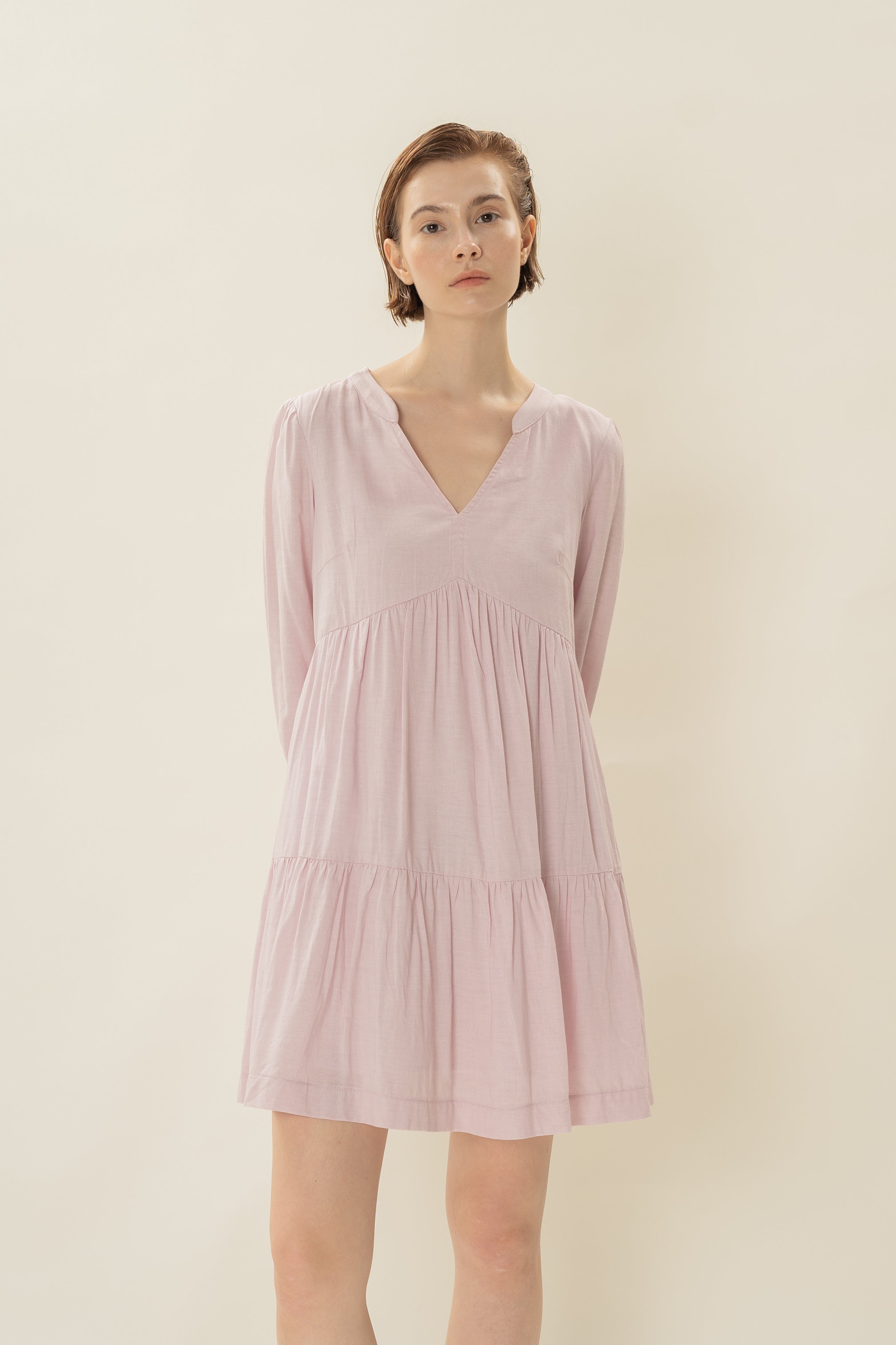 Linen Blend Tiered Dress in Pale Pink
