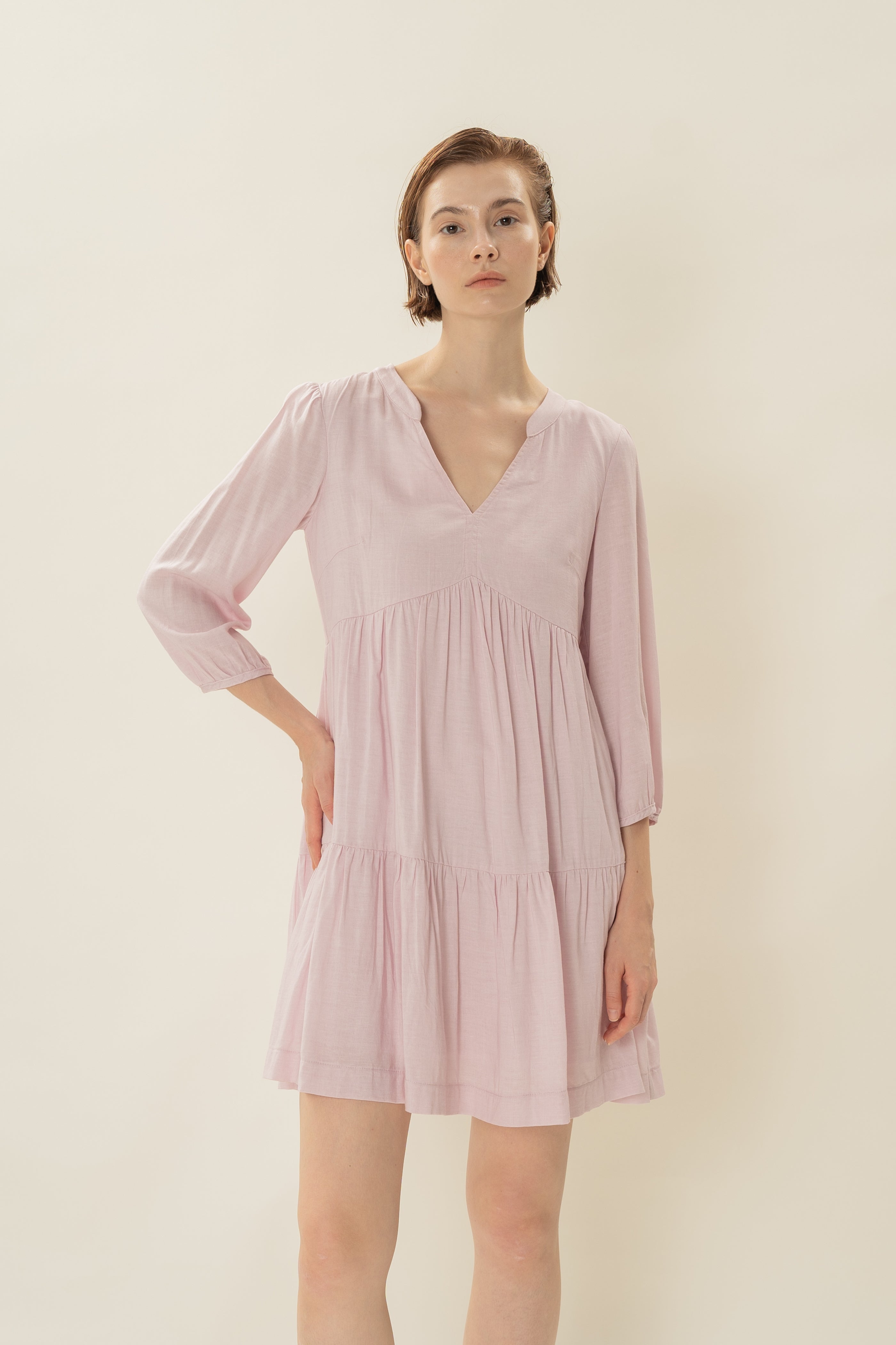 Linen Blend Tiered Dress in Pale Pink