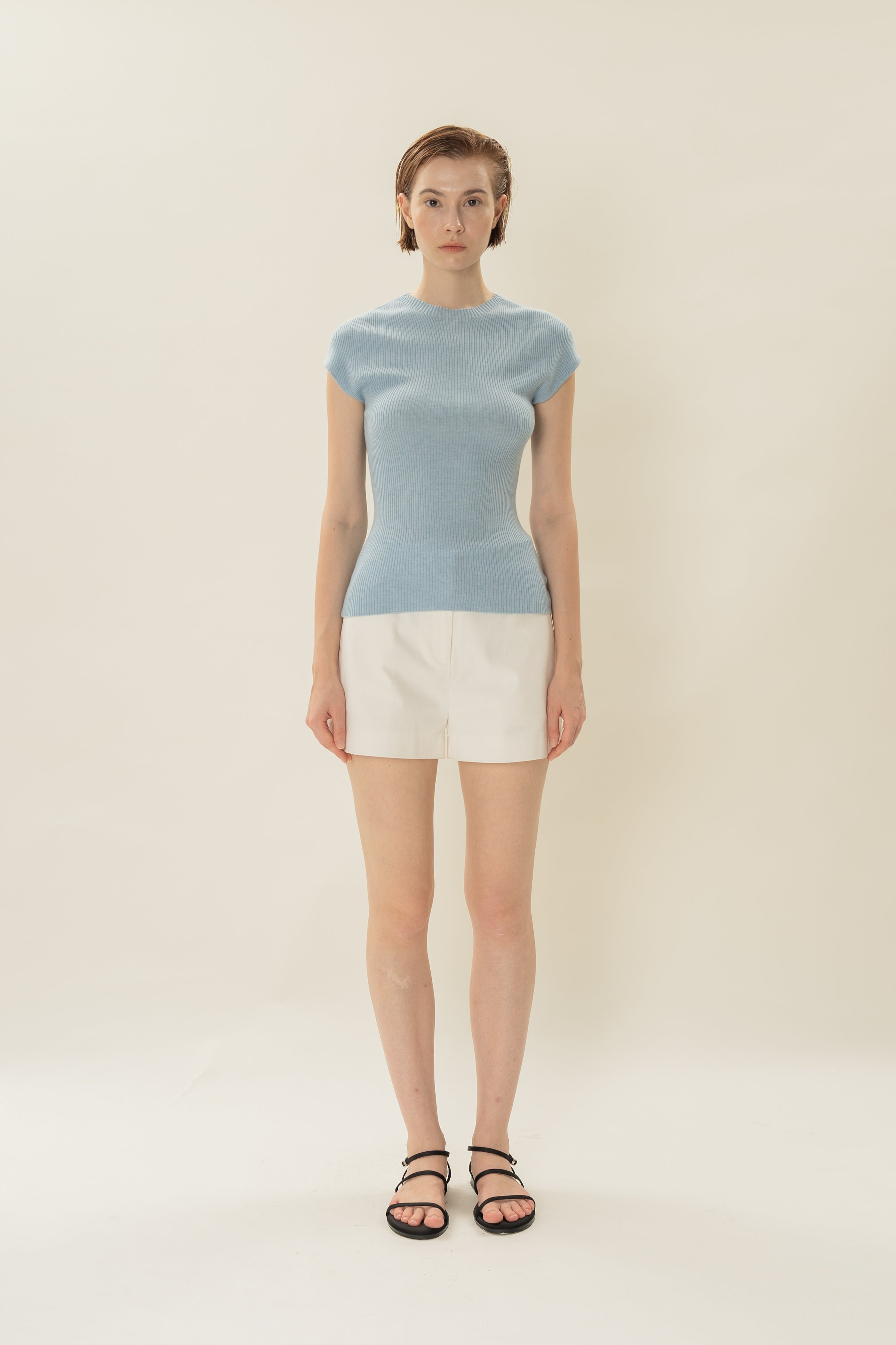 Stretch Knit Cap-Sleeve Top in Mist Blue