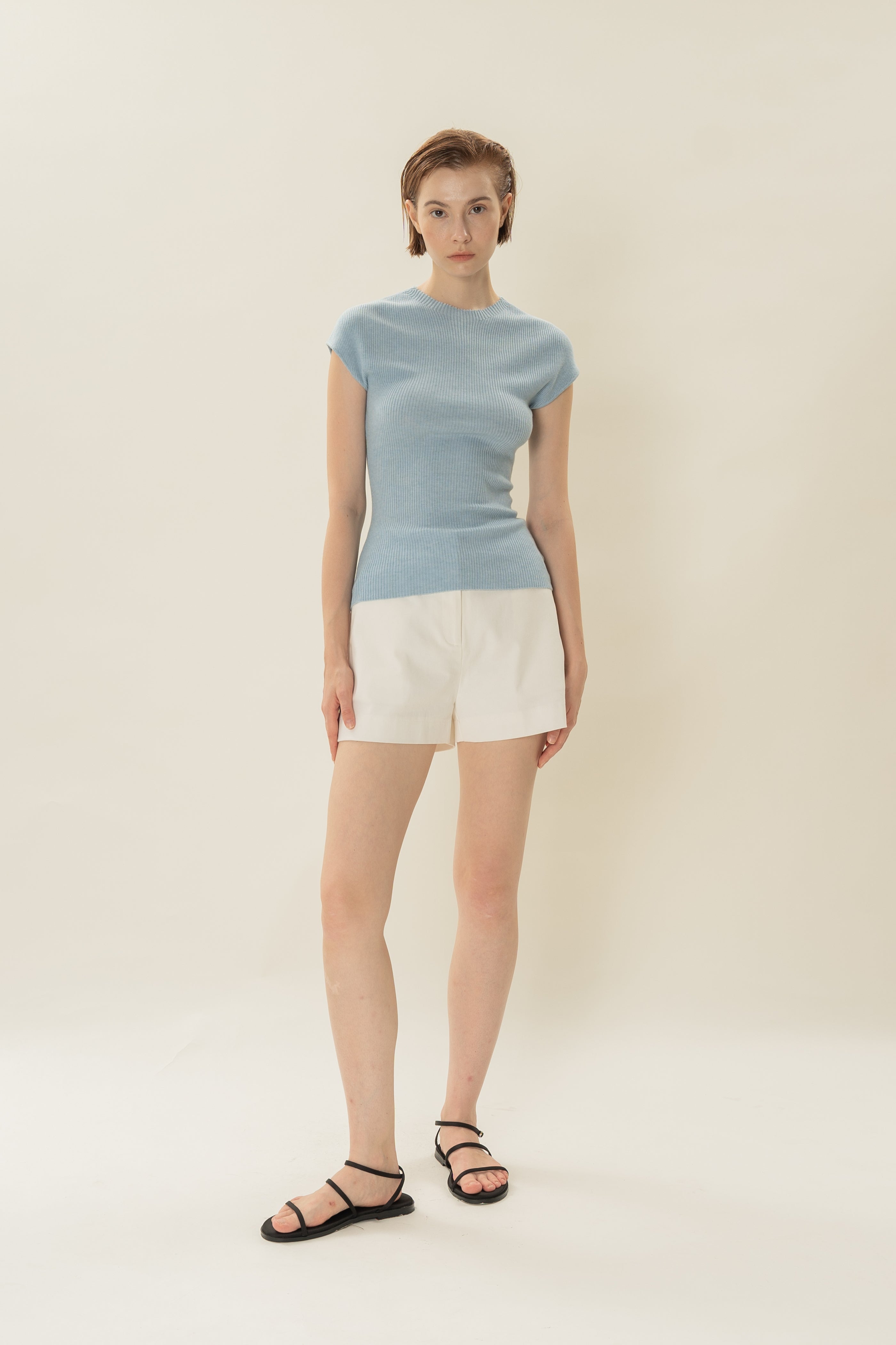 Stretch Knit Cap-Sleeve Top in Mist Blue