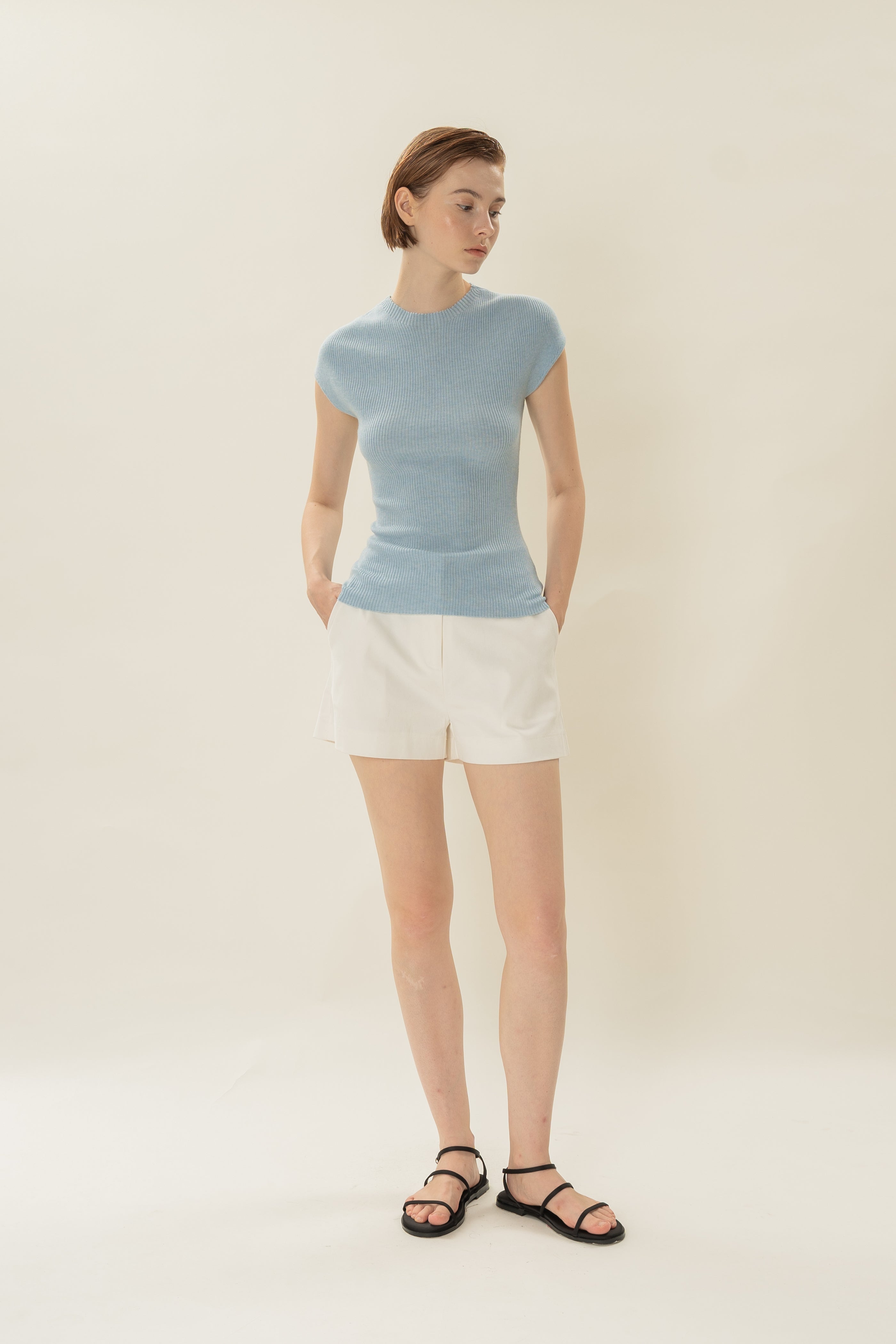 Stretch Knit Cap-Sleeve Top in Mist Blue