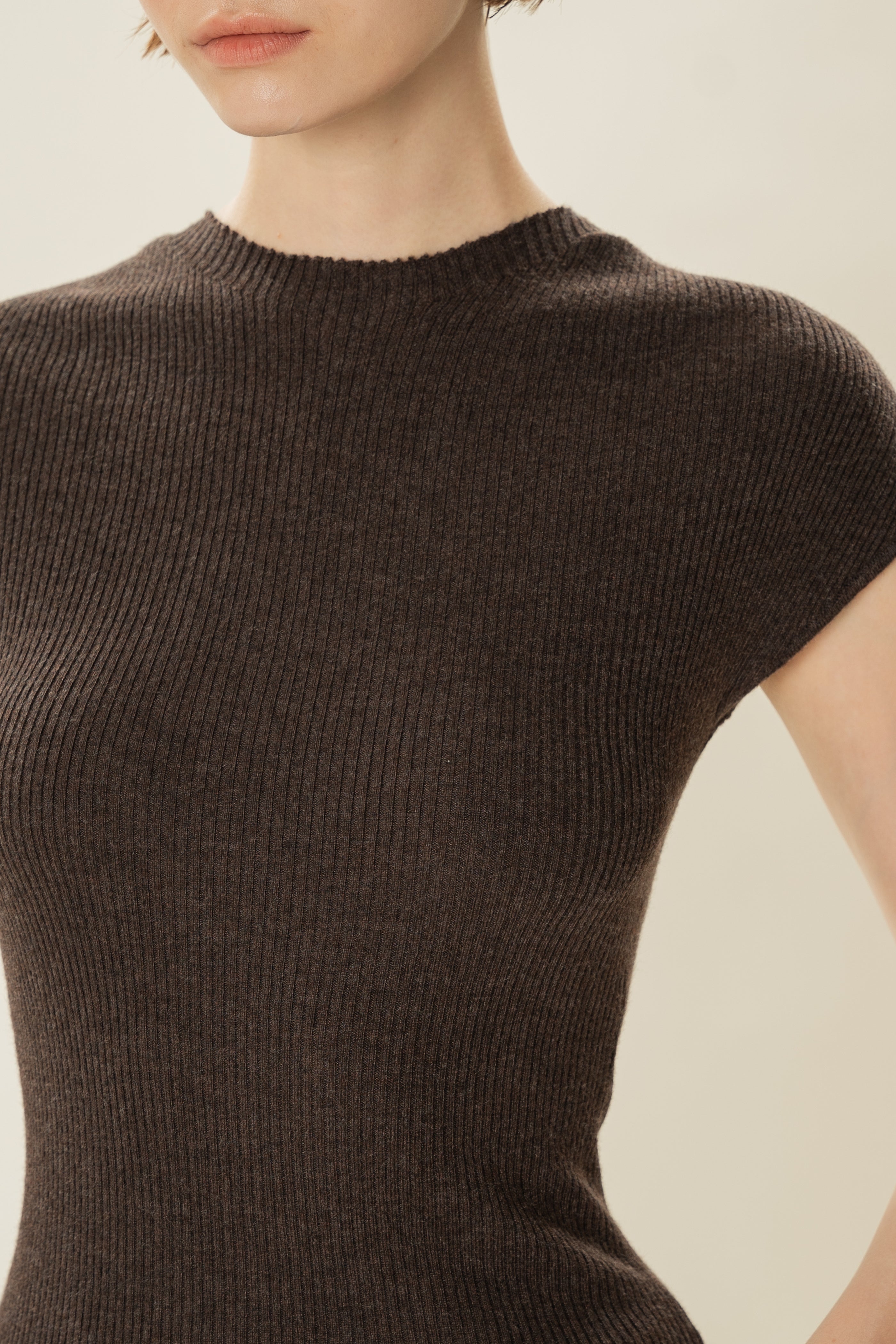 Stretch Knit Cap-Sleeve Top in Umber