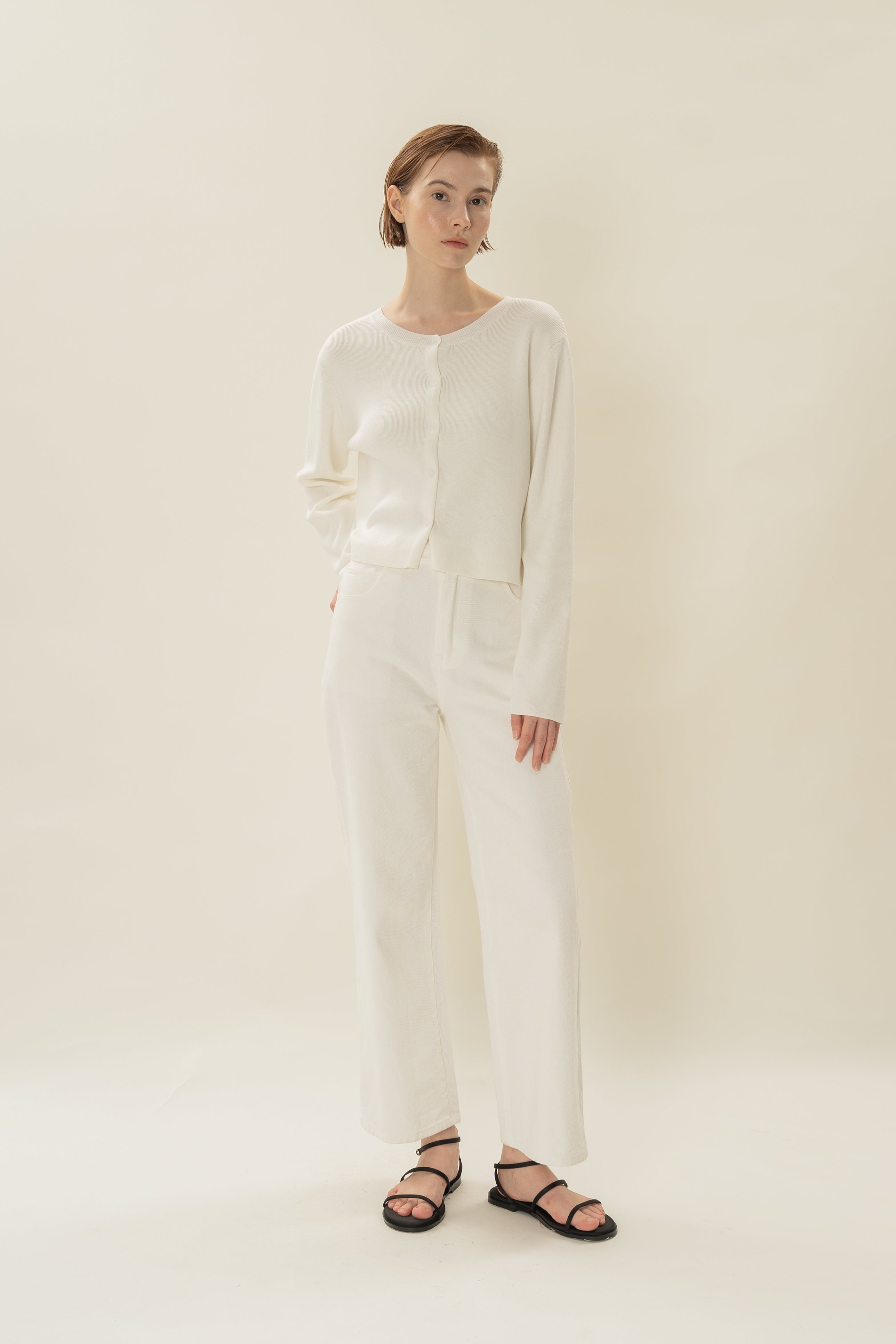 Round-Neck Knitted Cardigan in White